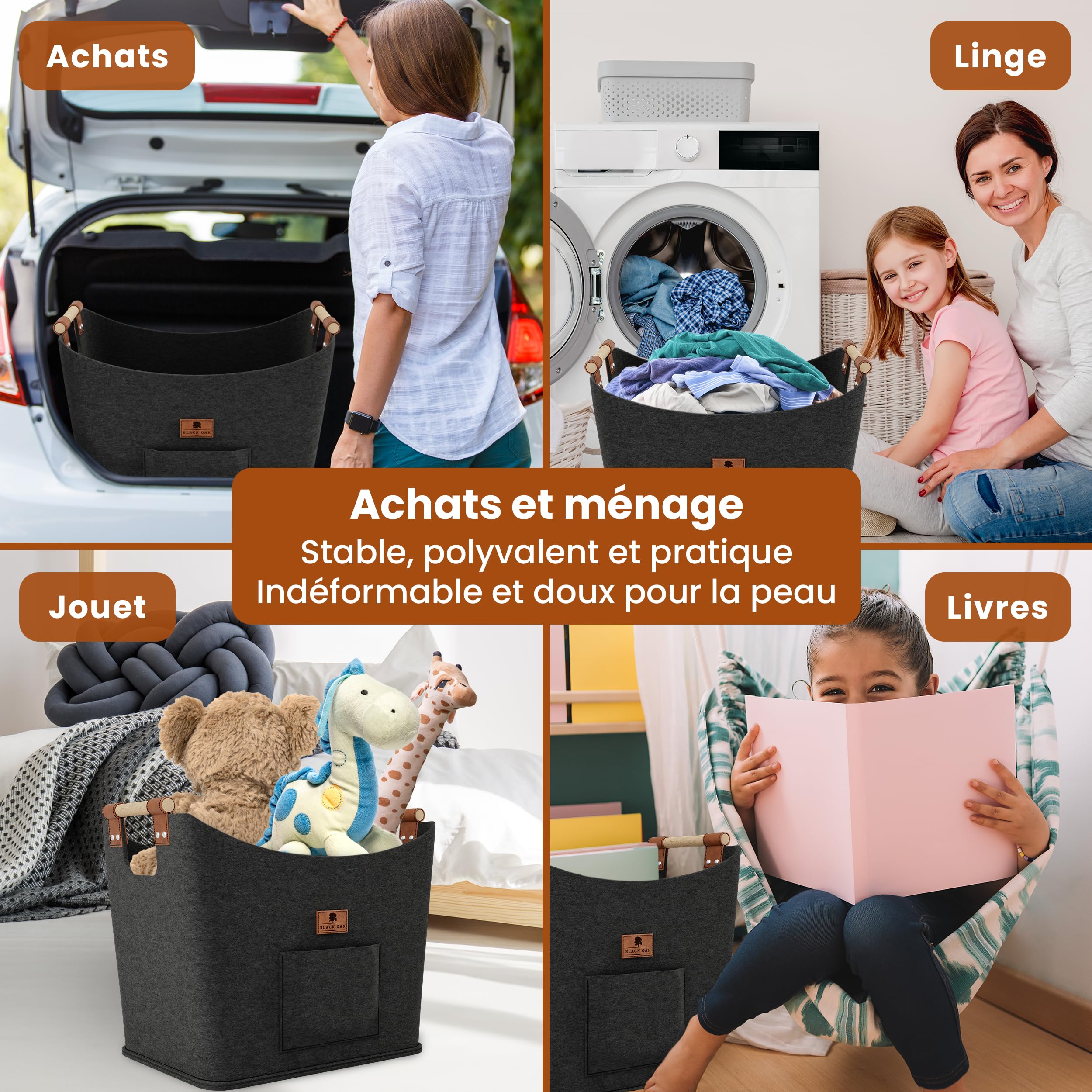 BLACK OAK Montana XL Panier en feutre et bois pour bois de chauffage, cuir véritable, poignées larges, poche avant extra grande, pliable