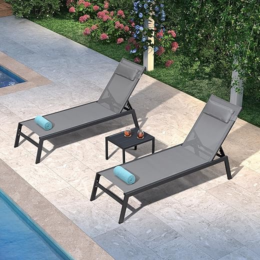 PURPLE LEAF Outdoor Lounge Chair Set Aluminum Patio Chaise Lounger with Side Table and Pillow for Outside Pool Beach Sunbathing Tanning Recliner Navy Blue