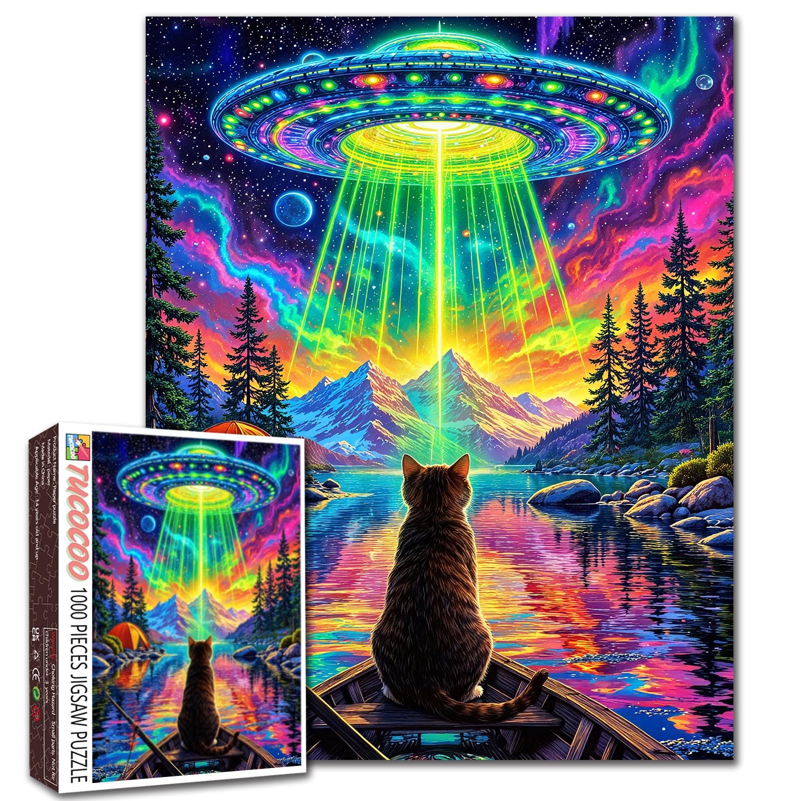 1000 Piece Jigsaw Puzzles for Adults Cute Cat in Boat Painting Jigsaw Puzzle Alien Spaceship,UFO 1000 Pieces Puzzles The Rocky Mountain DIY Craft Puzzle Cultural Family challenging Gift Bedroom Decor