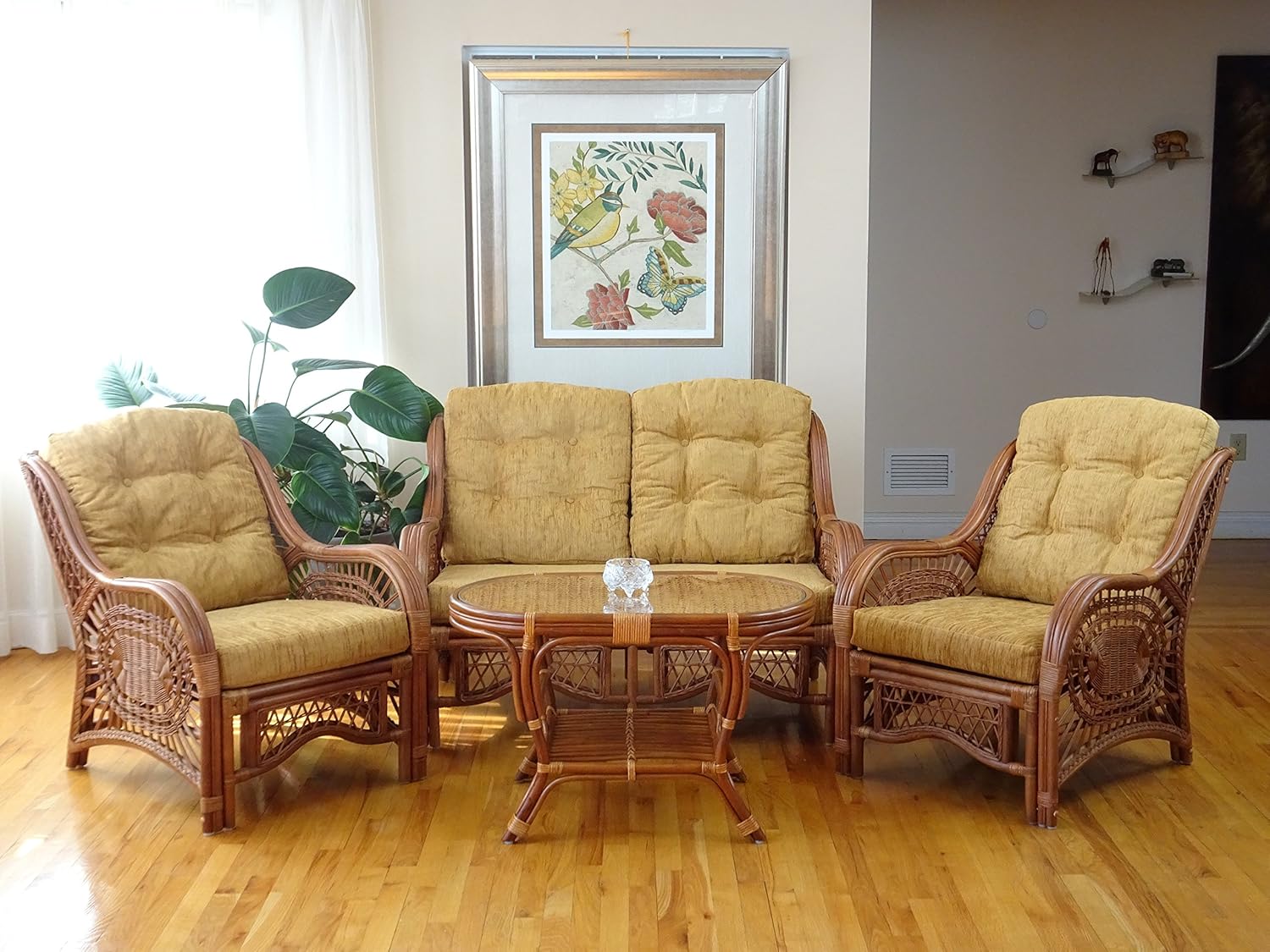Malibu Lounge Set of 2 Natural ECO Rattan Wicker Chairs, Loveseat with Light Brown Cushion and Coffee Table w/Glass Handmade, Cognac