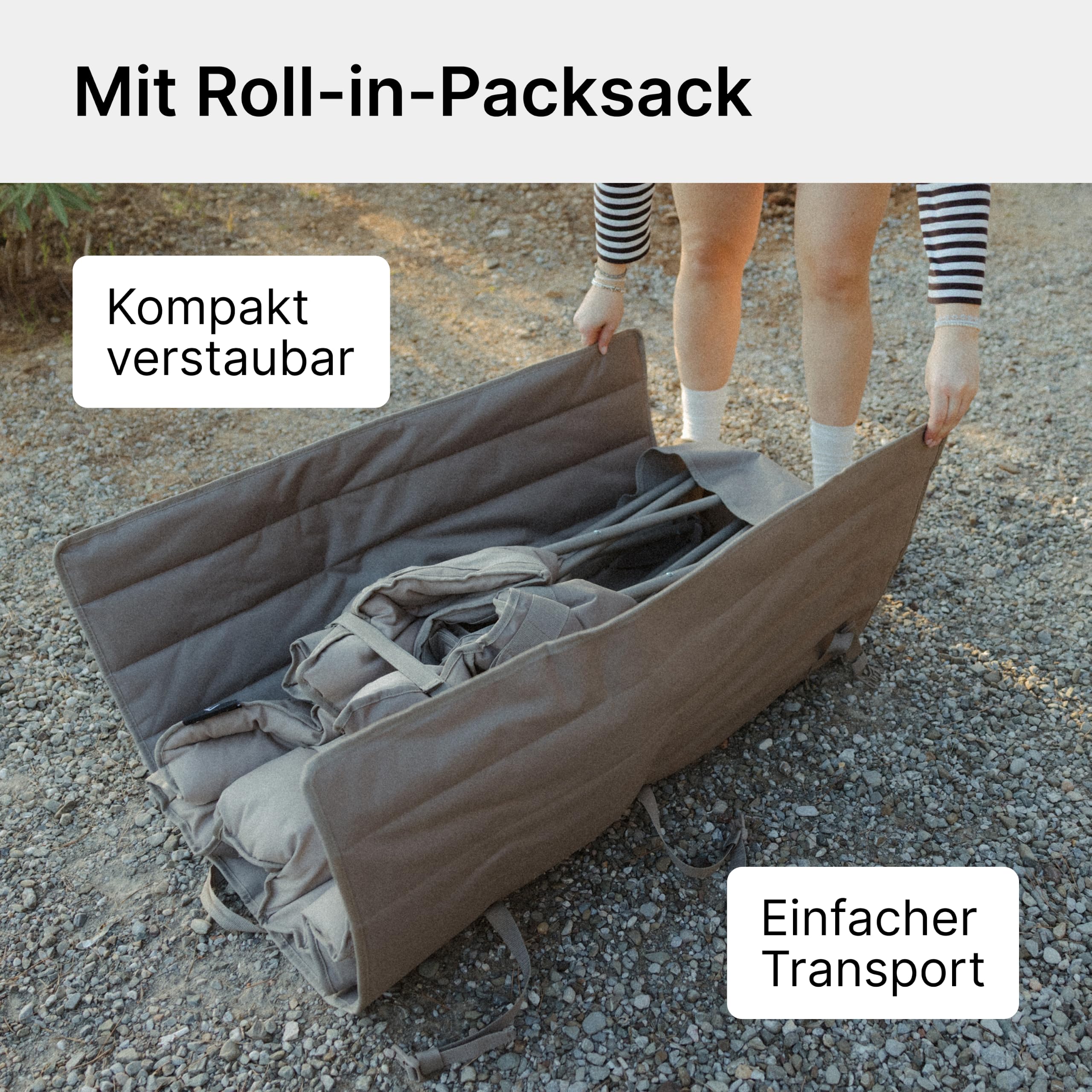 qeedo Johnny Cozy Faltbarer Campingbank gepolstert mit Cozy Bezug – Sofa-Feeling für 2 Personen – Rucksack-Packtasche – bis 300 kg belastbar