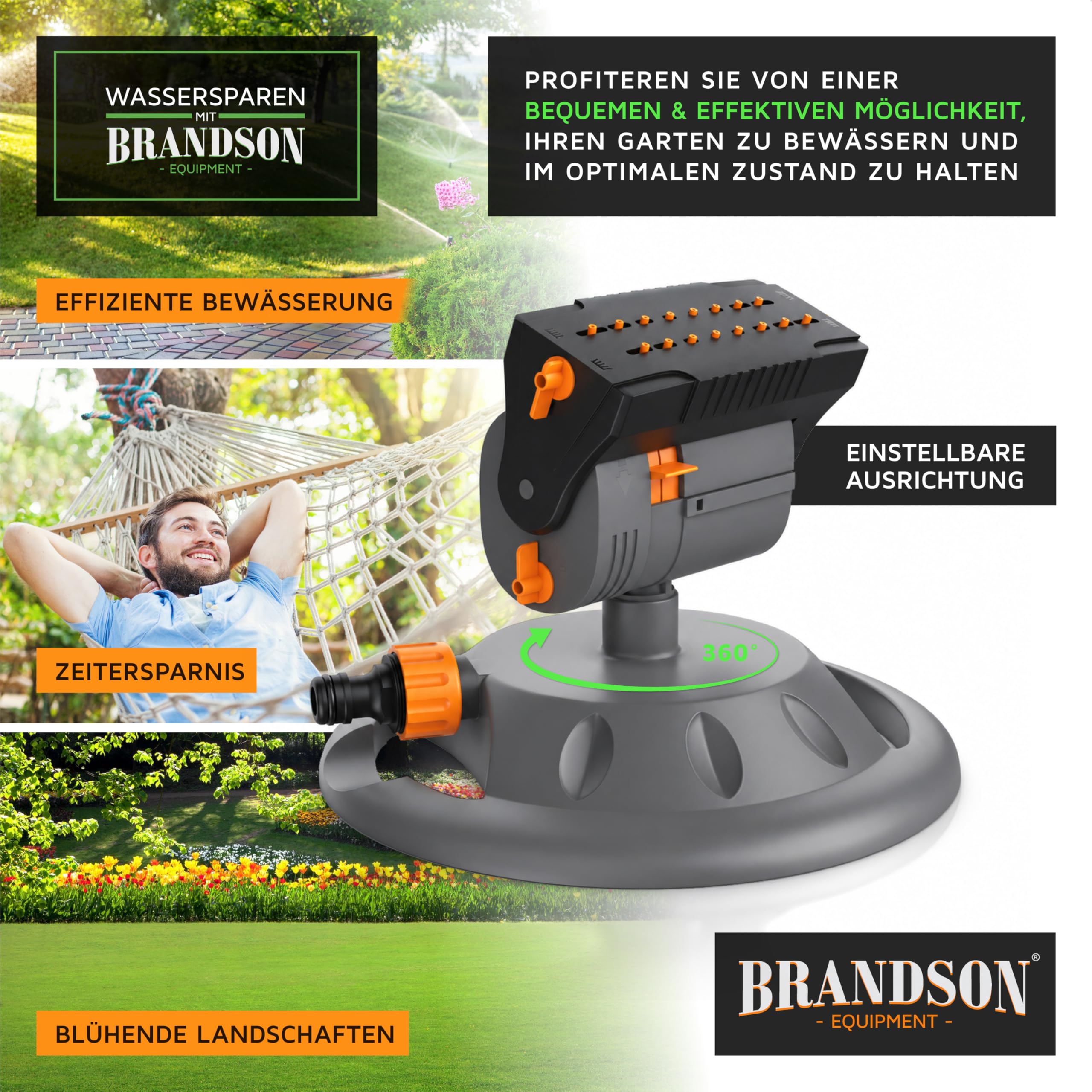 Brandson - Garten Rasensprenger 3/4 Zoll 16 Düsen - Gartensprinkler mit Standfuß – Oszillation-Funktion – Einstellbarer Sprühwinkel kleine Fläche große Flächen – Inkl Adapter 1/2 Zoll