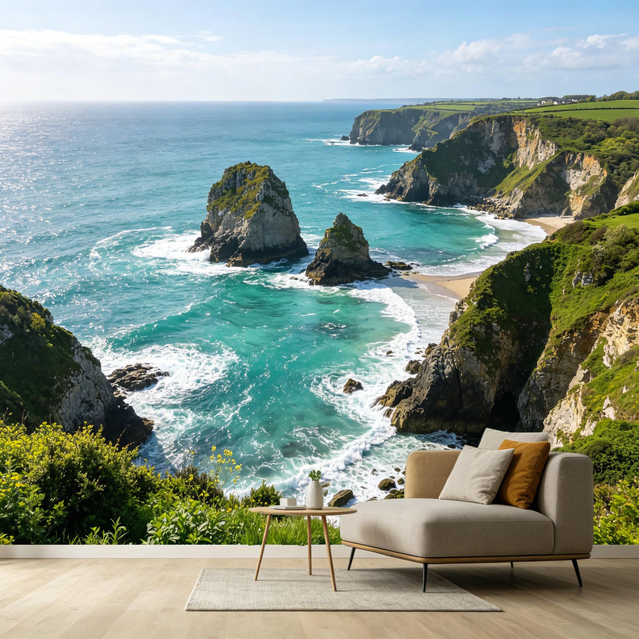 Custom Size Wall Murals Coastal Landscape Ocean Marine Cliffs Rocks Turquoise Water SelfAdhesive Wall Fabric Removable Large Wallpaper for Photo Living Room Interior Decor