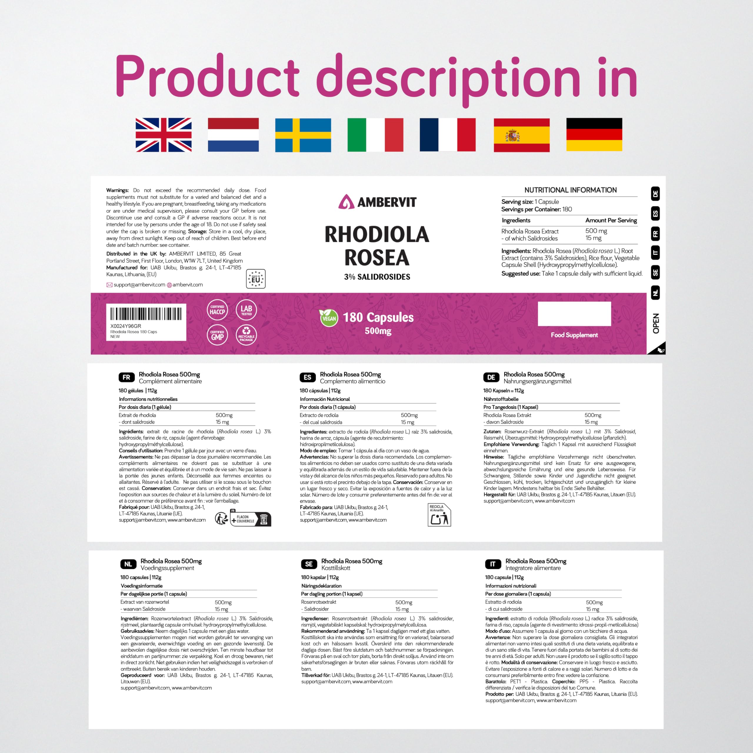 Rhodiola rosea 500 mg 180 gélules Extrait de racine titré à 3 % de salidroside Végan, sans agents de remplissage artificiels, sans allergènes