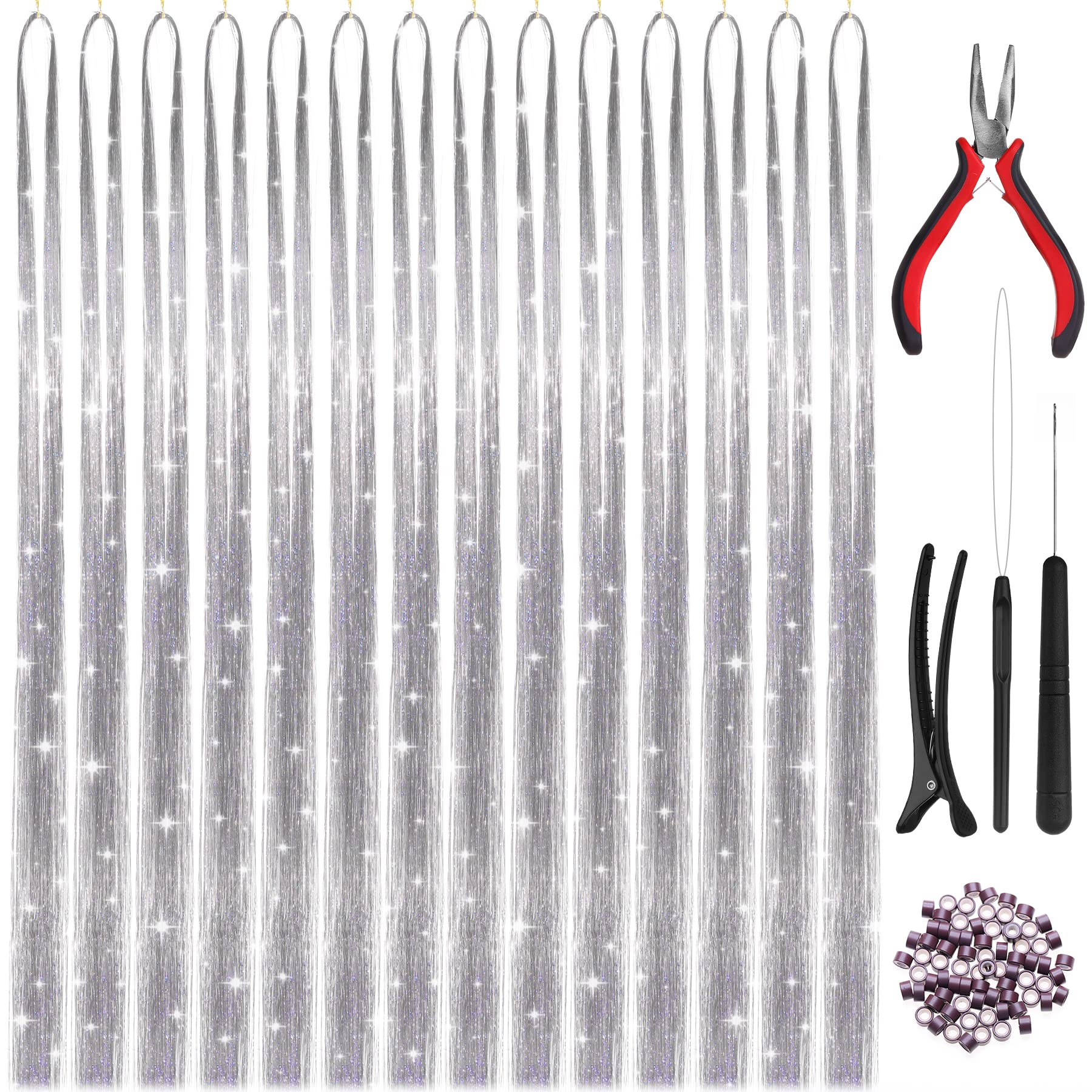 HAUTOCO Hair Tinsel Kit, 2800 Strands 47 Inch Glitter Silver Tinsel Hair Extensions with Tools Fairy Hair Tinsel Kit, Heat Resistant Hair Tinsel for Cosplay Christmas New Year Party