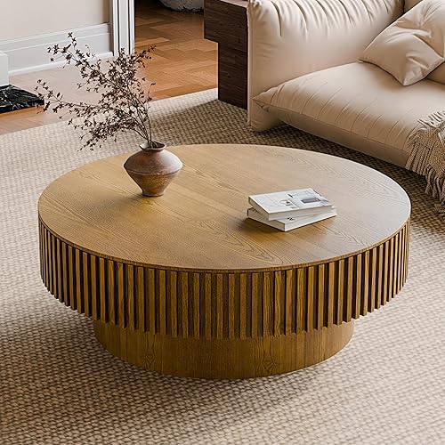 Miniatura 13 de Mesa de centro redonda de 39 pulgadas con almacenamiento, moderna mesa de centro de madera con chapa de madera maciza, mesa central circular para