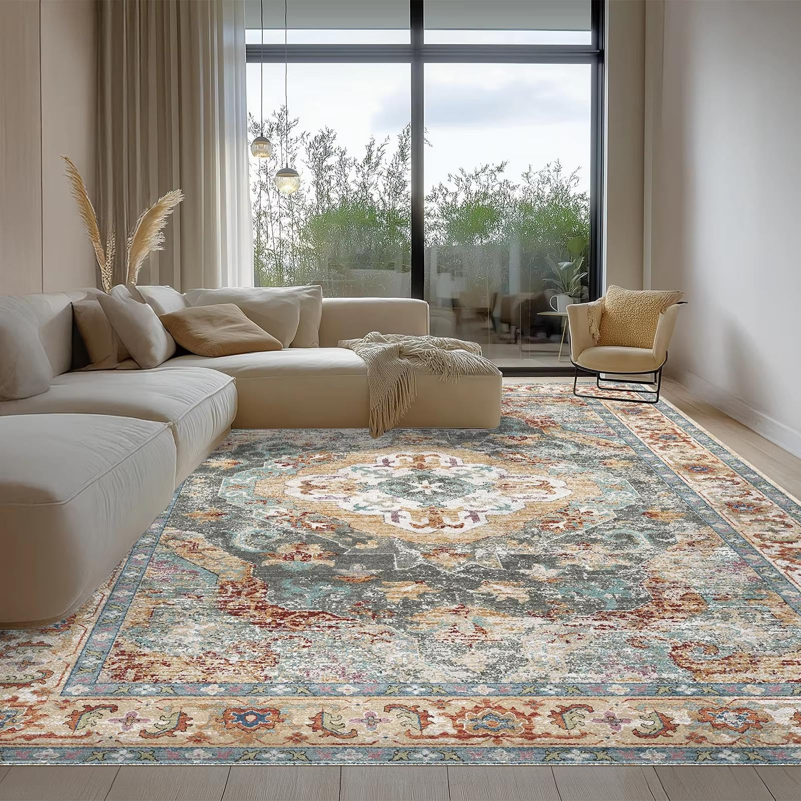 Grand tapis lavable 150x240 antidérapant bohème vintage salon chambre