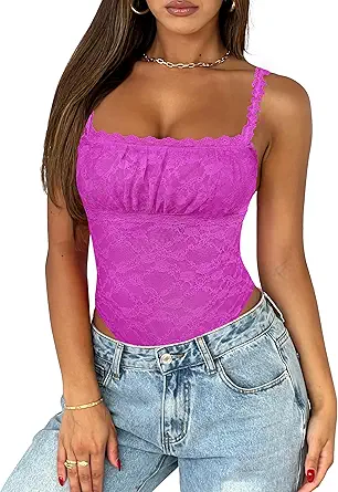 Saslax Women's Sexy Square Neck Lace Sleeveless Bodysuit Tank Tops Double Lined Body Suit Thong Outfits