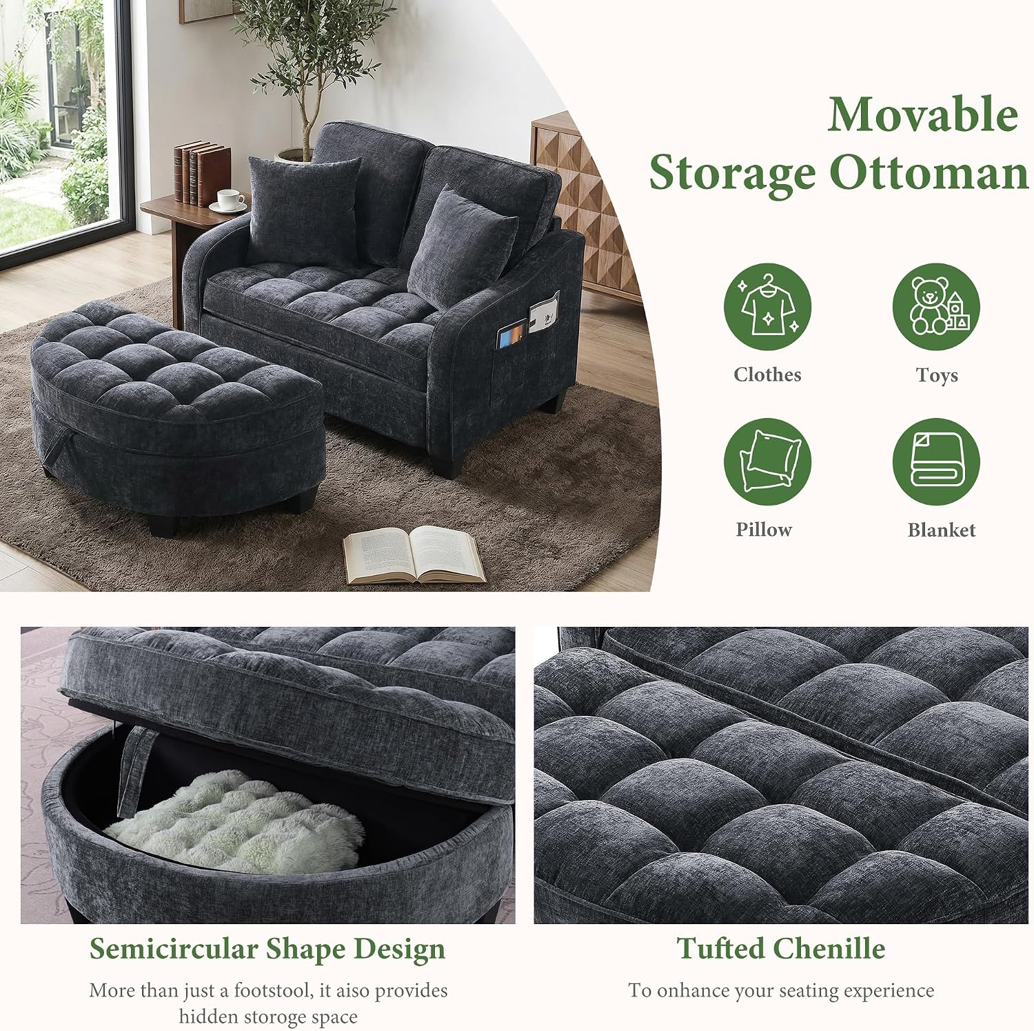 Oversized Chaise Lounge Chair Indoor with Storage Ottoman, Cloud Boneless Reading Recliner Chair with Adjustable Backrest, Soft Chenille Circle Couch for Living Room, Apartroom,Bedroom (Black, 51"W)