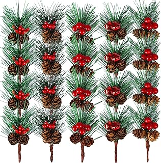 Artificial Pine Picks 20 Pcs Christmas Small Artificial Pine Tree Pine Branches With Berries Pinecones for Christmas Flower Arrangements Wreaths Trees and Gift DIY Decoration