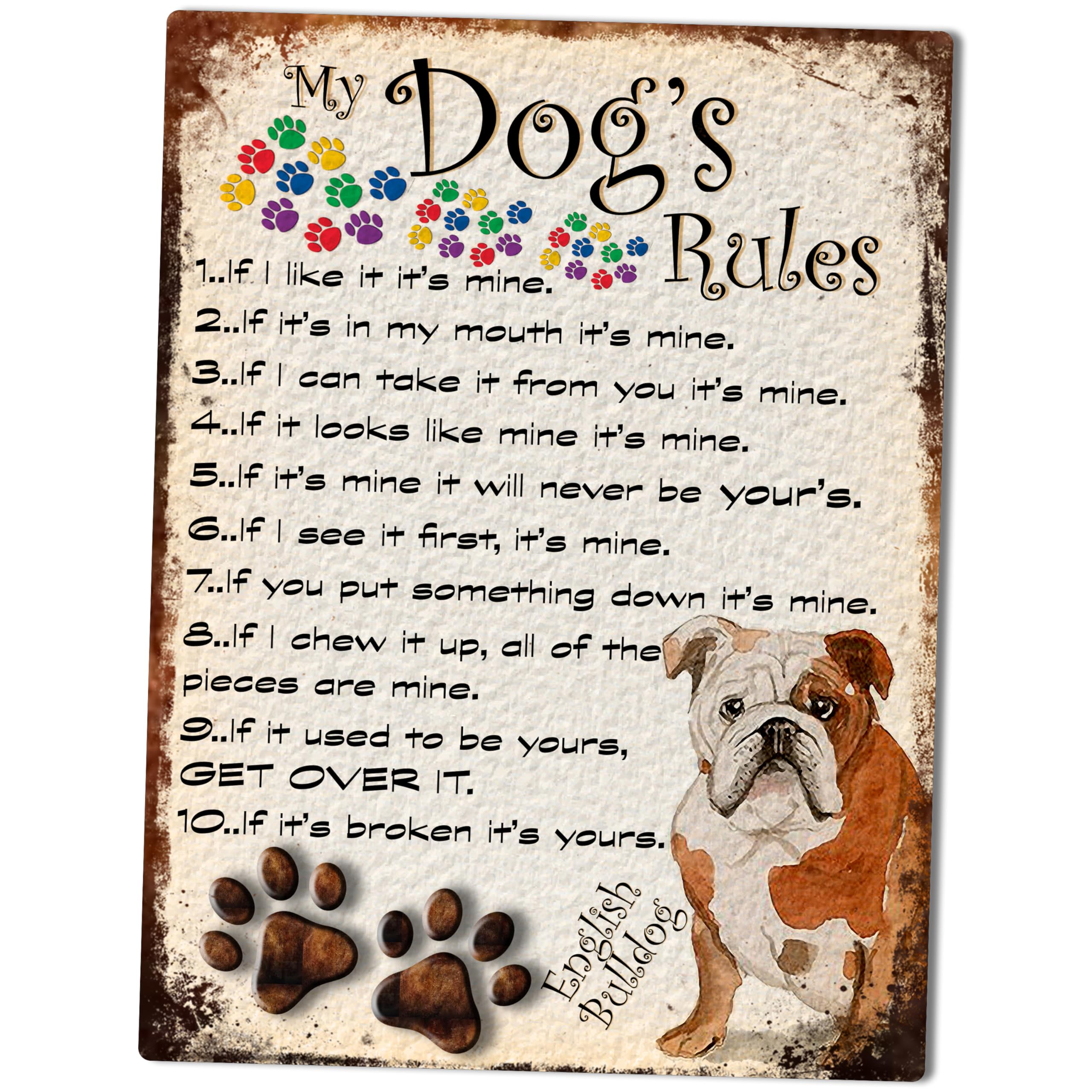 Shawprint Limited Mixed Shawprint My Dog's Rules Retro Style Metal Tin Sign/Plaque Dog Breeds(English Bulldog) … (10" X 8")