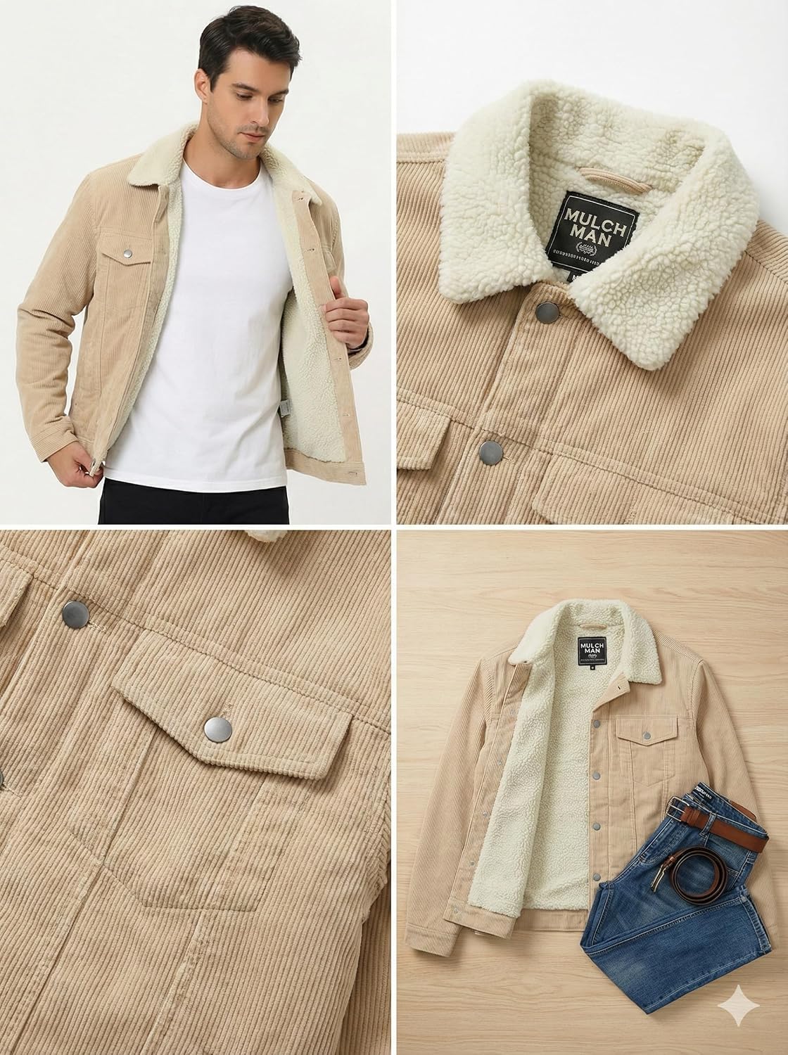 Mulch Man Sherpa Lined Stone Corduroy Jacket Men Winter, Fleece Trucker Coat Windproof Warm Casual Work Jacket