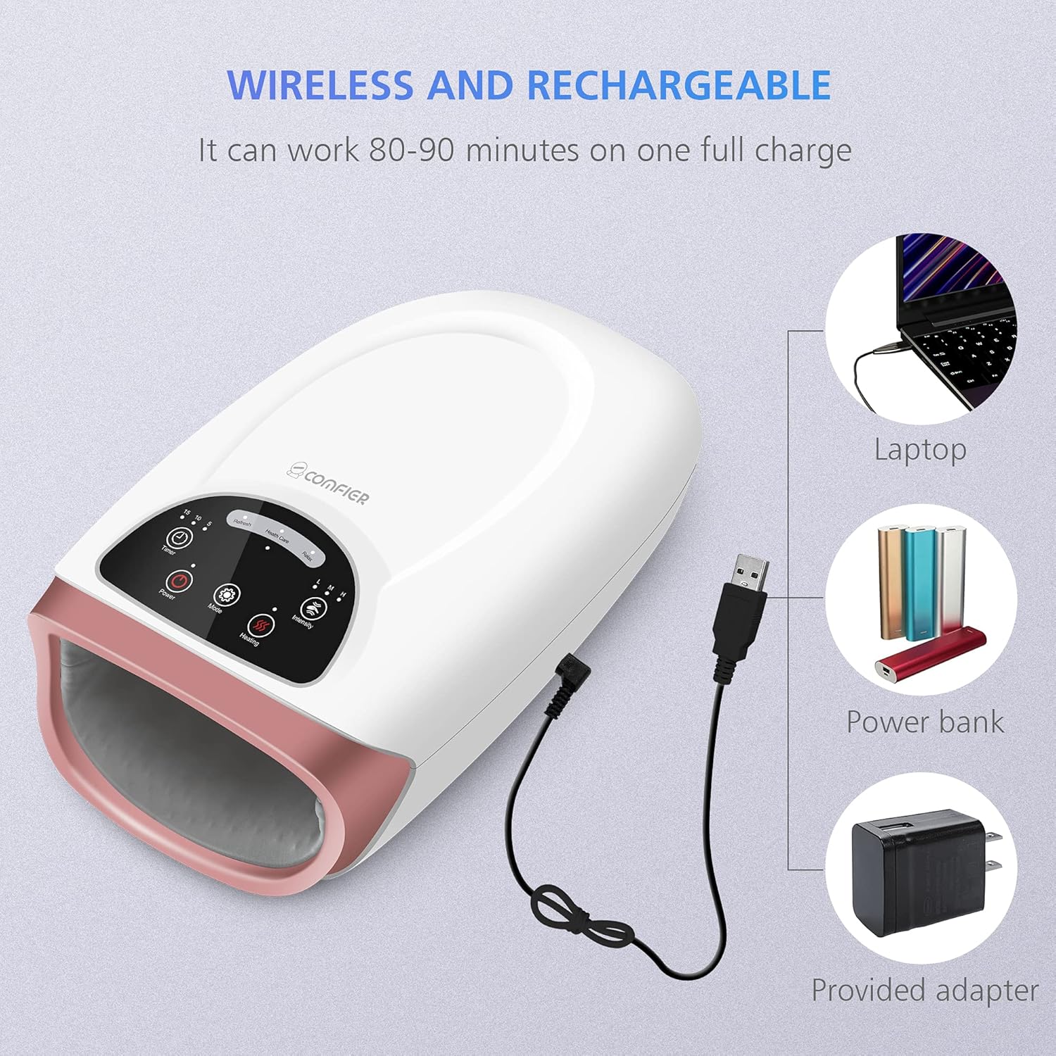 Images demonstrating the use of the handheld finger massager, showing it being used on fingers and with the rollerball on the palm.