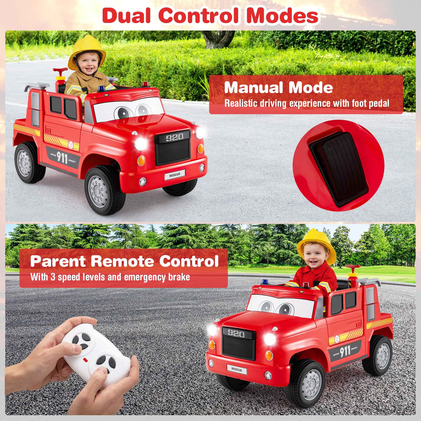 COSTWAY Kinder Elektroauto, 12V Feuerwehrauto Elektro mit Wasserpistole & Fernbedienung, Elektrisches Kinderauto mit Musik, Alarm, Blinklichtern und Softstart, Elektrofahrzeug für Kinder ab 3 Jahren