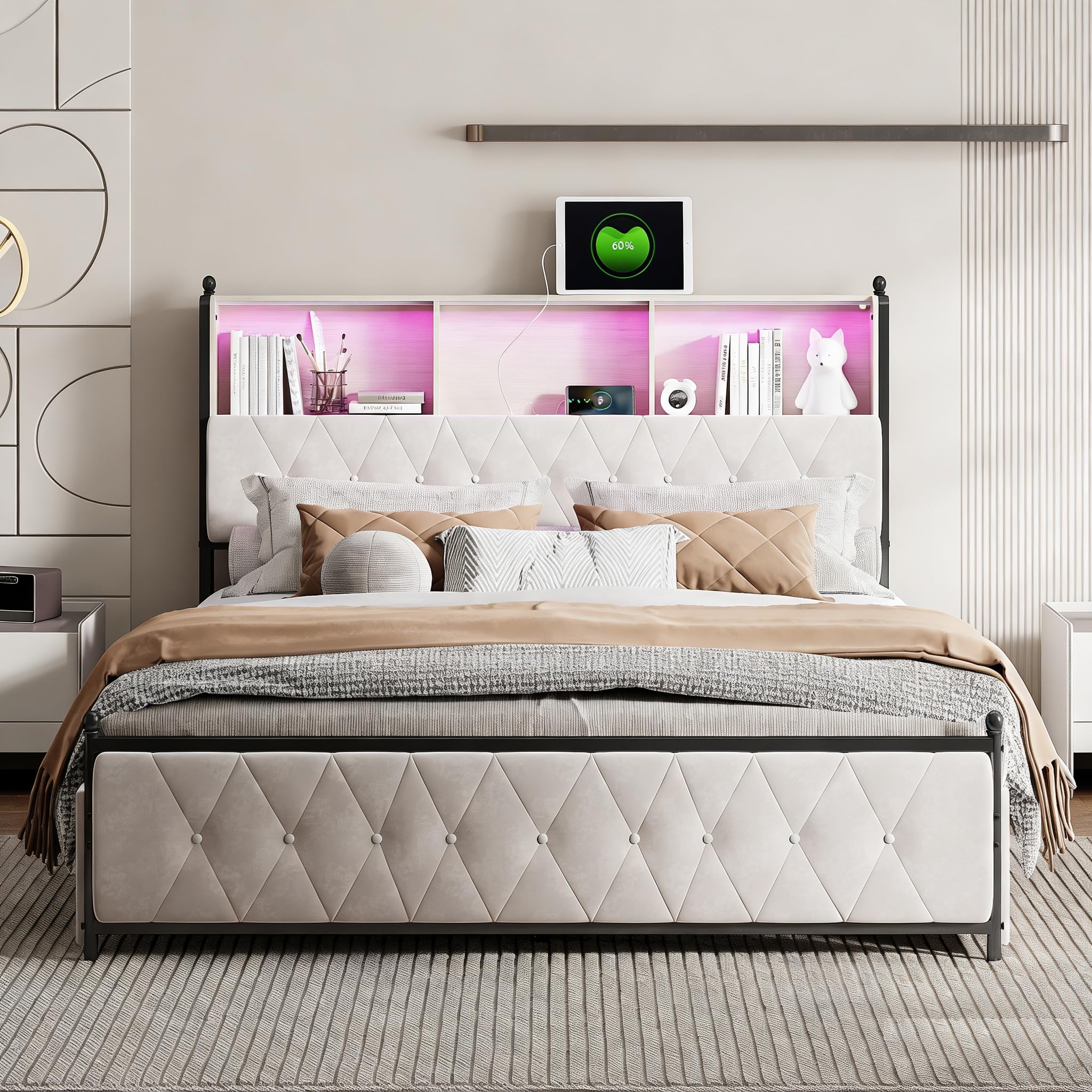 Cama tapizada 140x200 con Cabecero LED y USB, Camas Matrimoniales con 4 Cajones, Cama Juvenil, Estructura Camas Doble con Lamas de Madera, Terciopelo Beige, Sin Colchón (Beige, 140 x 200 cm)