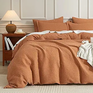 SE SOFTEXLY Waffle Duvet Cover King, 100% Cotton Waffle Weave Bedding Duvet Cover Set, Soft and Breathable Comforter Cover for All Season, 3 Pieces Including Pillow Shams(Terra Cotta, 104”x90”)