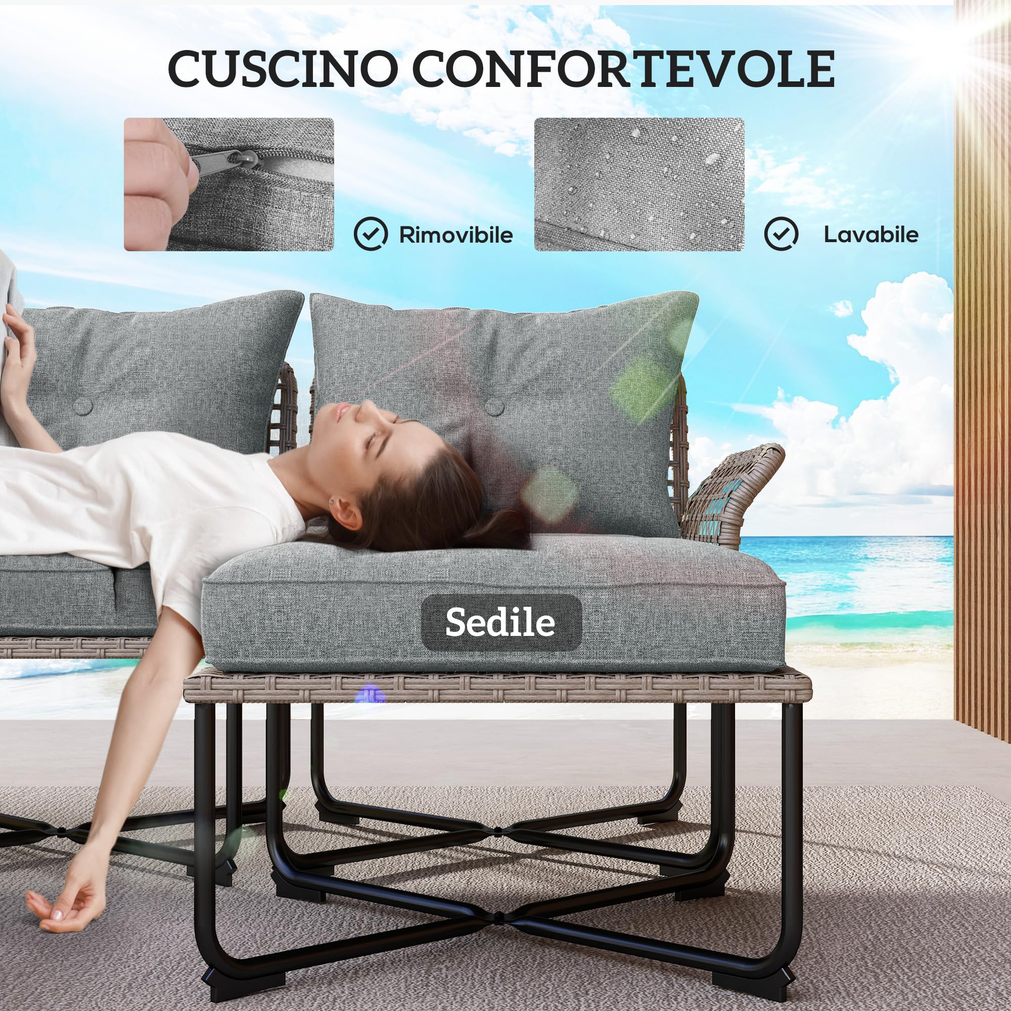Set da Giardino Outsunny 5 Pezzi Rattan con Sedie e Sgabelli, Esterno Grigio e Legno