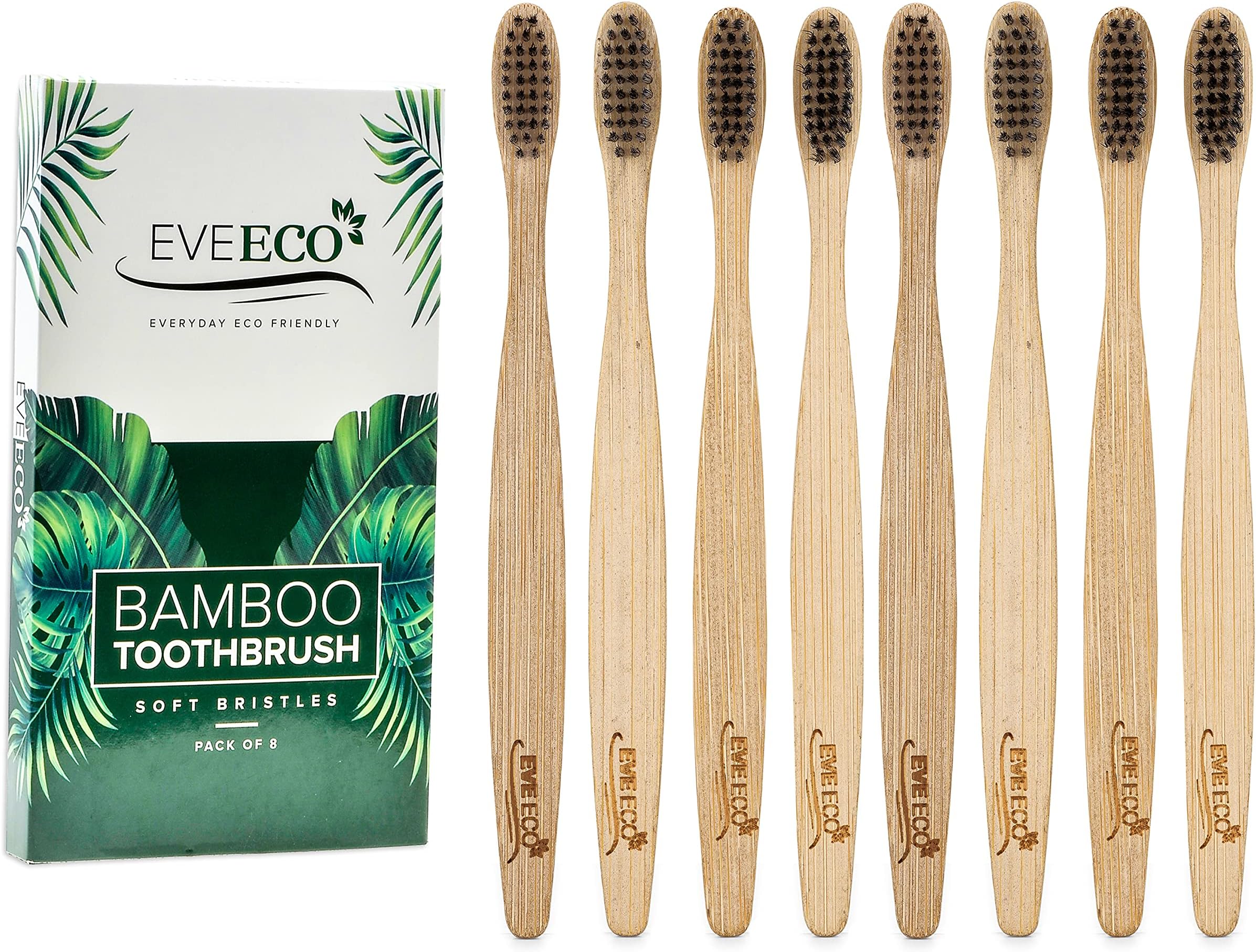 EveEco 8 Count I Bamboo Toothbrush I Soft Bristles Best for Sensitive Gums I Charcoal I Vegan I Natural Wood I BPA Fee I Recyclable I Compostable I Biodegradable | Environmentally Friendly