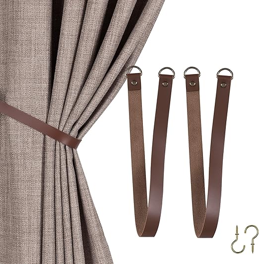 Home Queen Leather Curtain Tie Backs Attach to Wall, Outdoor Drape Holder Holdbacks Tiebacks with Hooks, Set of 2, Chocolate