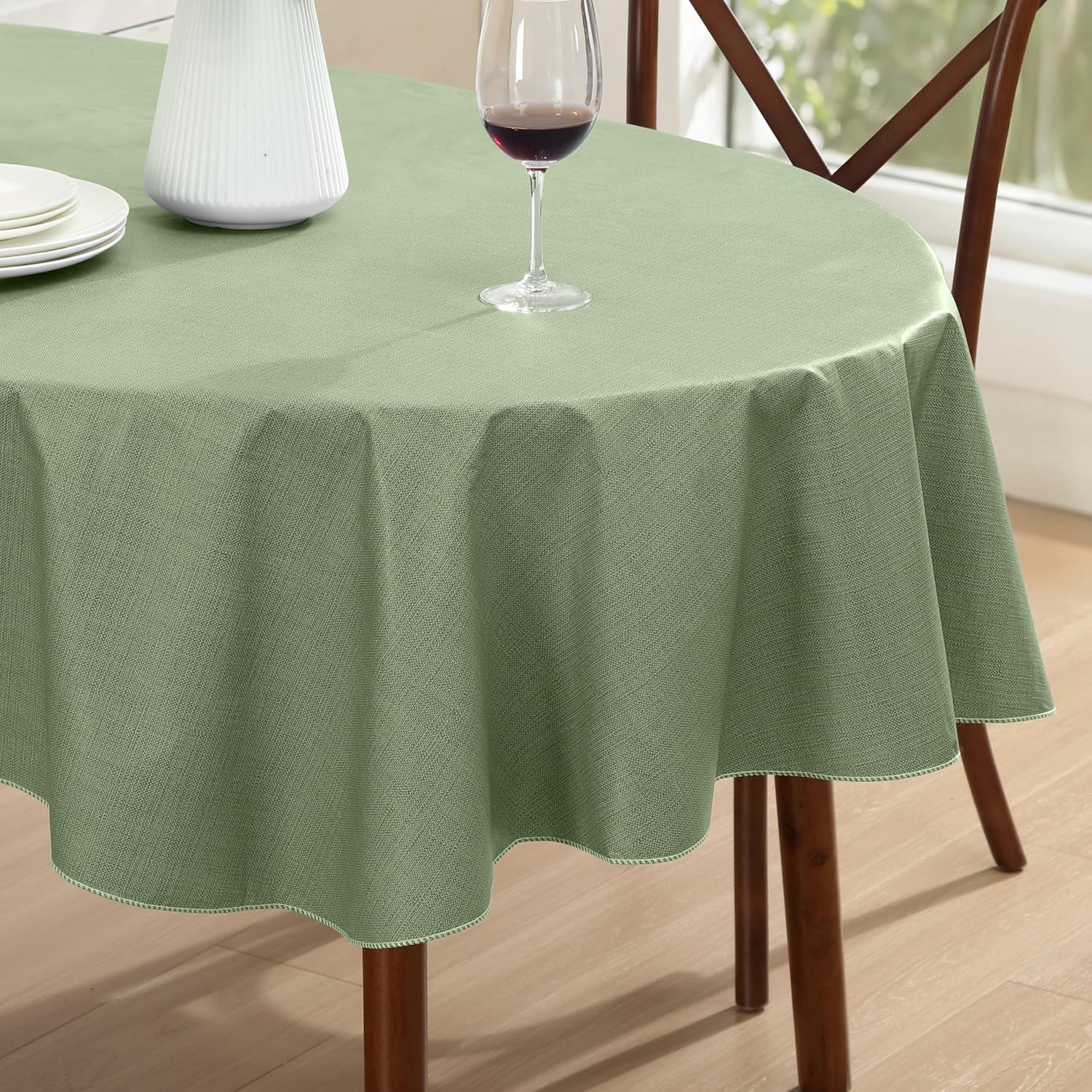 Lintex Cafe Hotel Linen Look Vinyl Flannel Backed Tablecloth, Heavyweight 4 Gauge, 60 x 84 Inch Oval, Sage Green Indoor Outdoor Waterproof Wipe Clean Table Cover