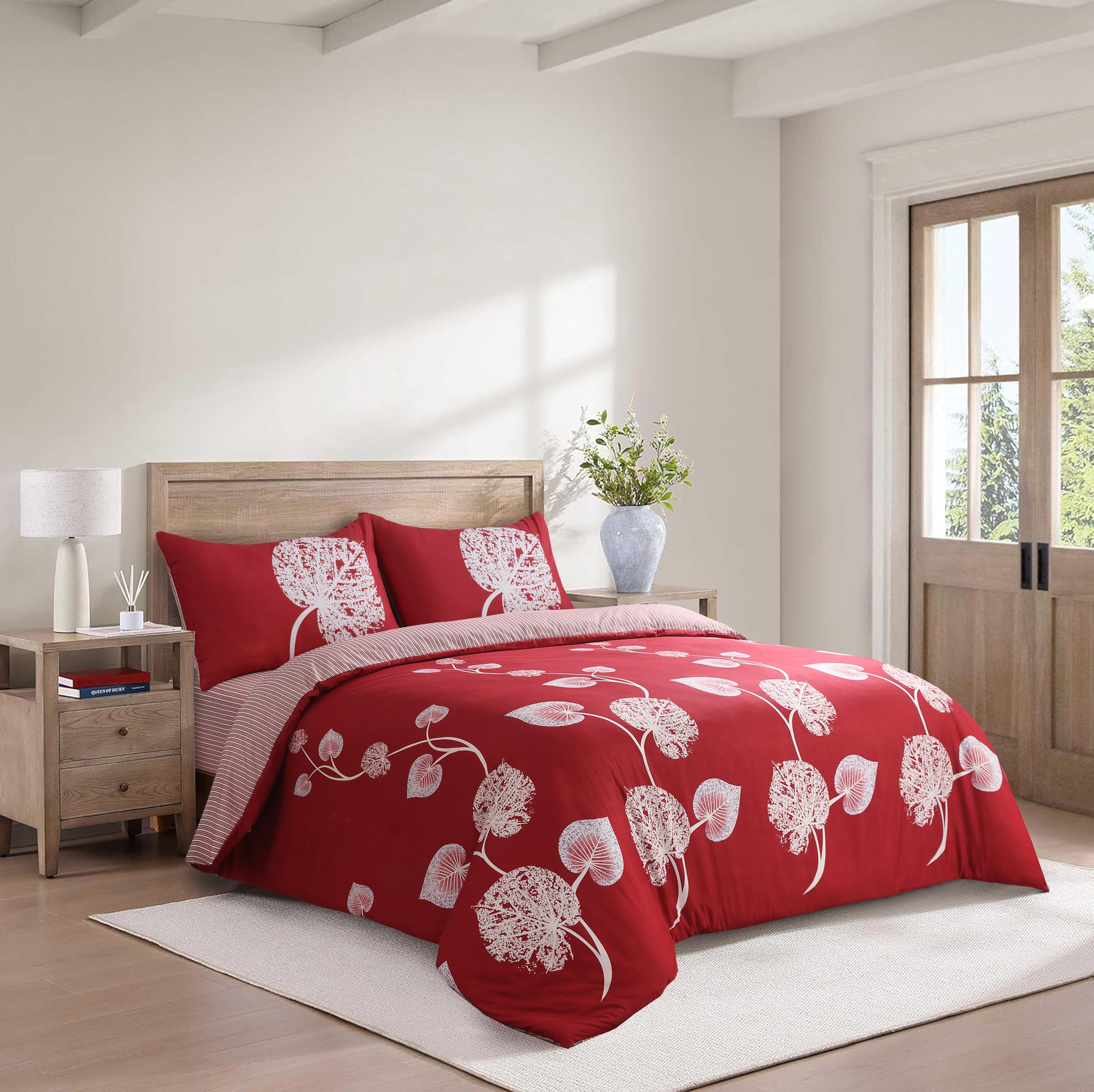 CHARKHAH 4 Piece Complete Bedding Set – Microfiber Reversible Duvet Cover, Deep Fitted Sheet & 2 Pillowcases | Soft, Breathable & Elegant - MF-QA-COM-SET-KING-LOVEINSLEEP-RED