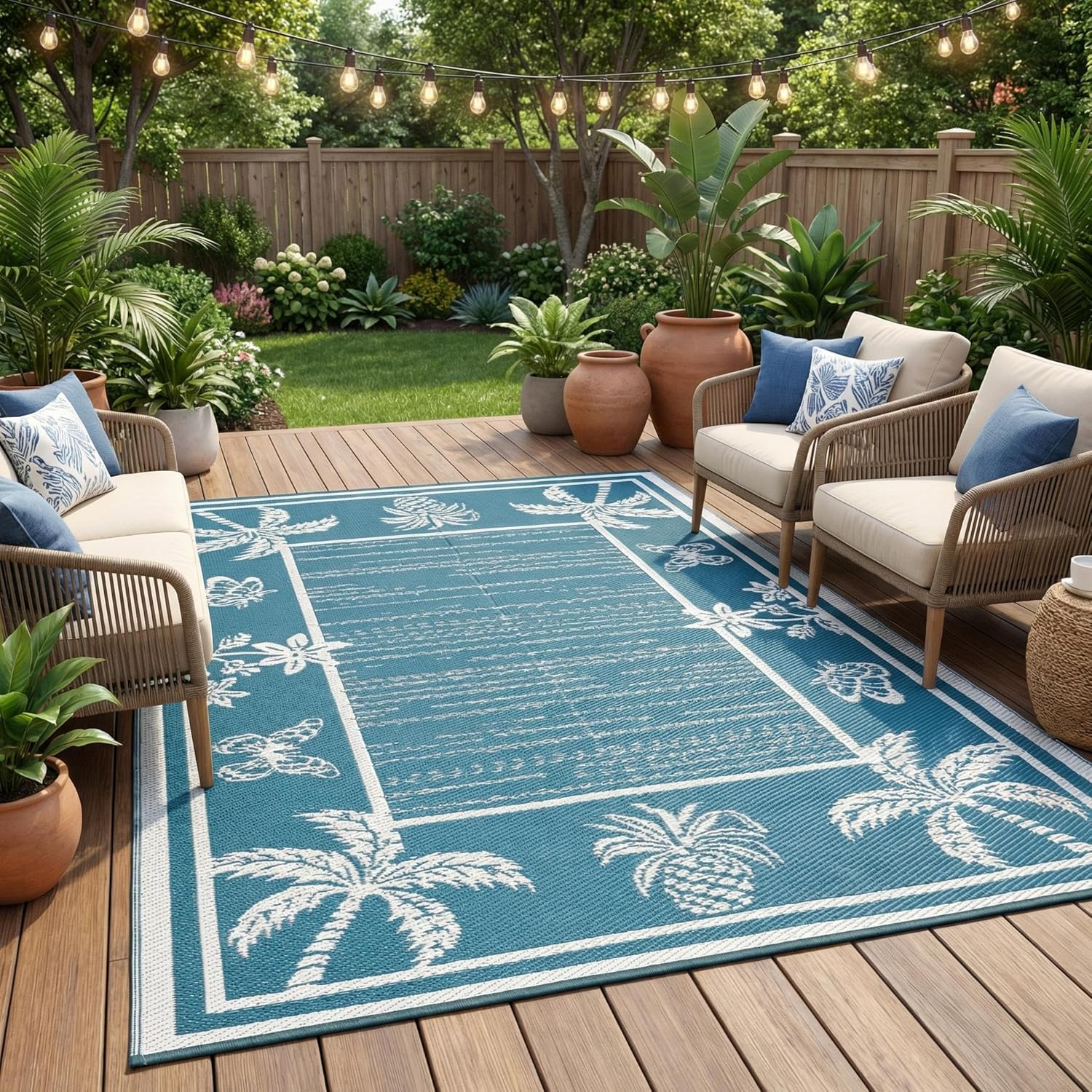 Garvee Outdoor Rug 5x8 Waterproof for Patios, Reversible Plastic Straw Rug, Tropical Leaf Indoor Outdoor Rugs, Large Area Rug for RV, Camping, Deck, Picnic Mat, Outside Carpet, Blue & White