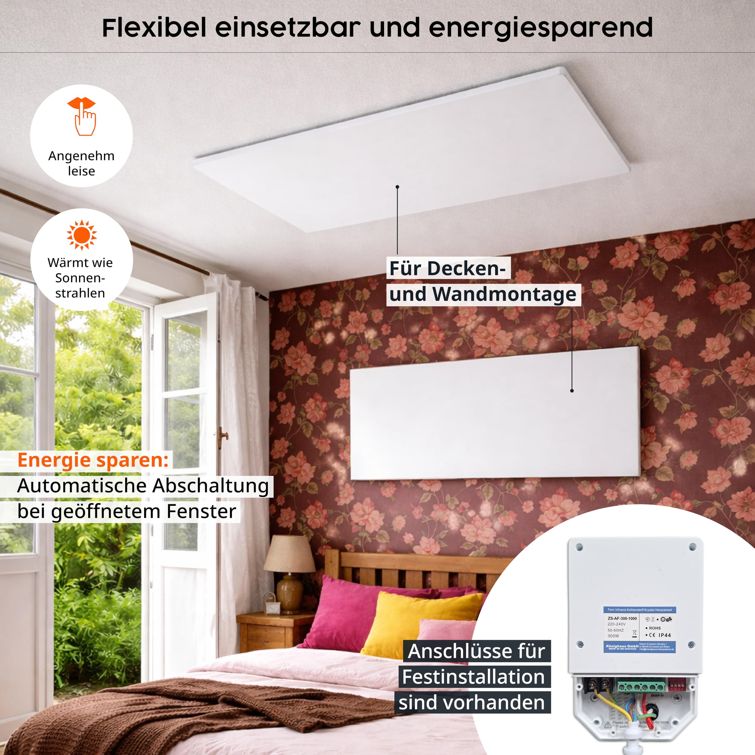 Könighaus Infrarot Deckenheizung - 450 Watt - ohne Thermostat - elektrische Deckenheizung für bestehende Steuerungssysteme - TÜV/GS, Überhitzungsschutz & 5 Jahre Garantie