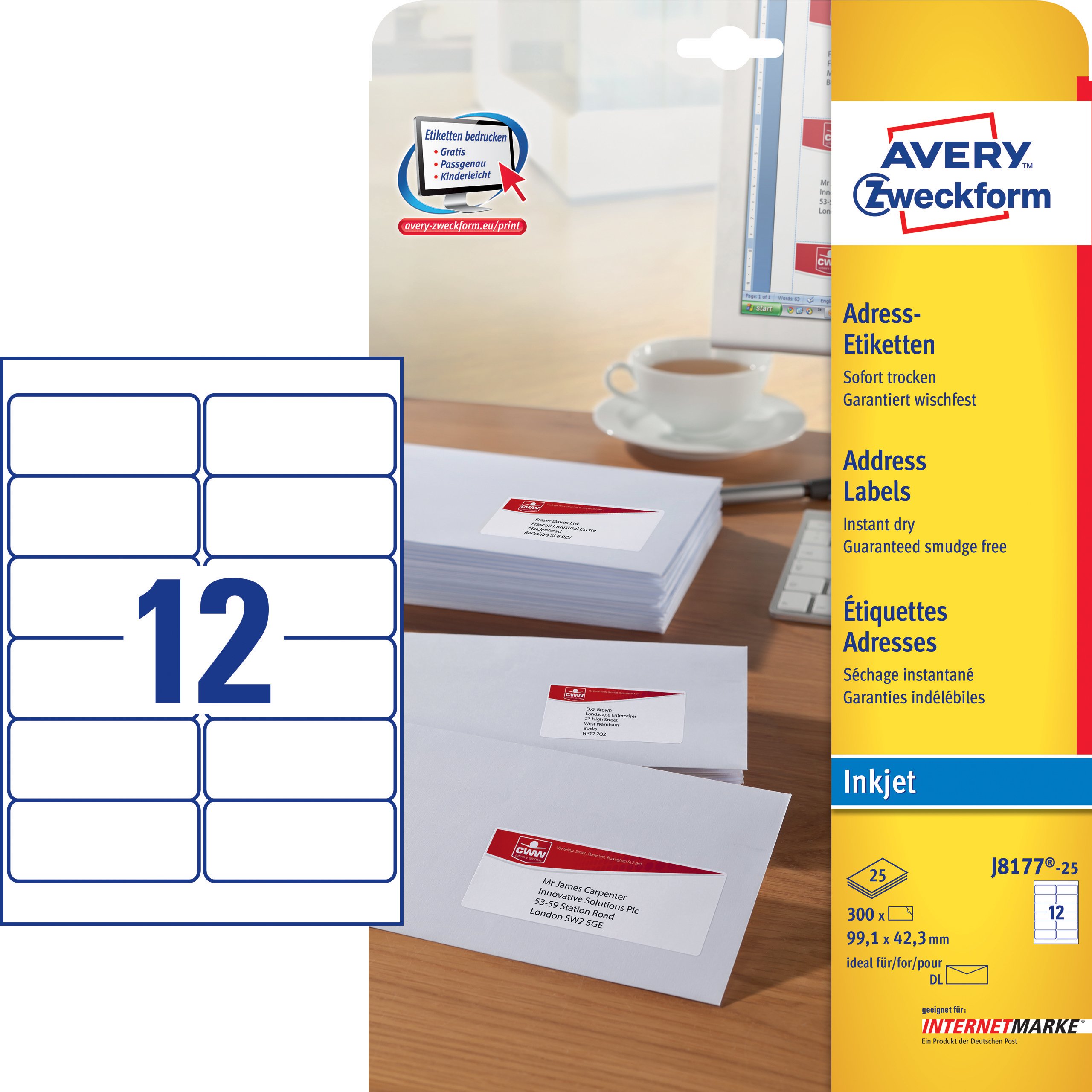 AVERY Zweckform J8177-25 Address Labels 99.1 x 42.3 mm 25 Sheets with 300 Total Labels White