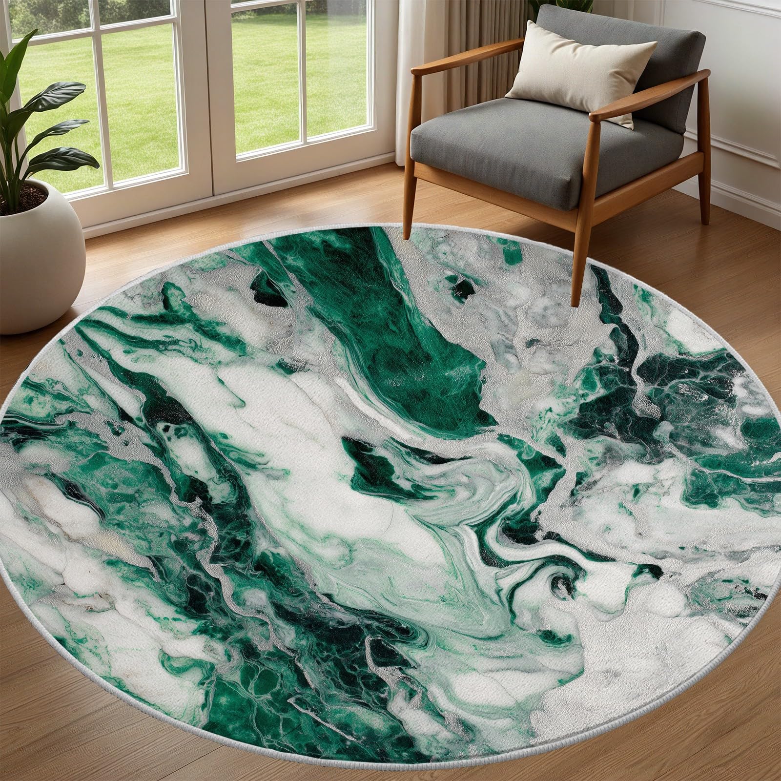 Teppich Rund Marmoriert 80cm - Smaragd Grüne Weißer Marmor Optik