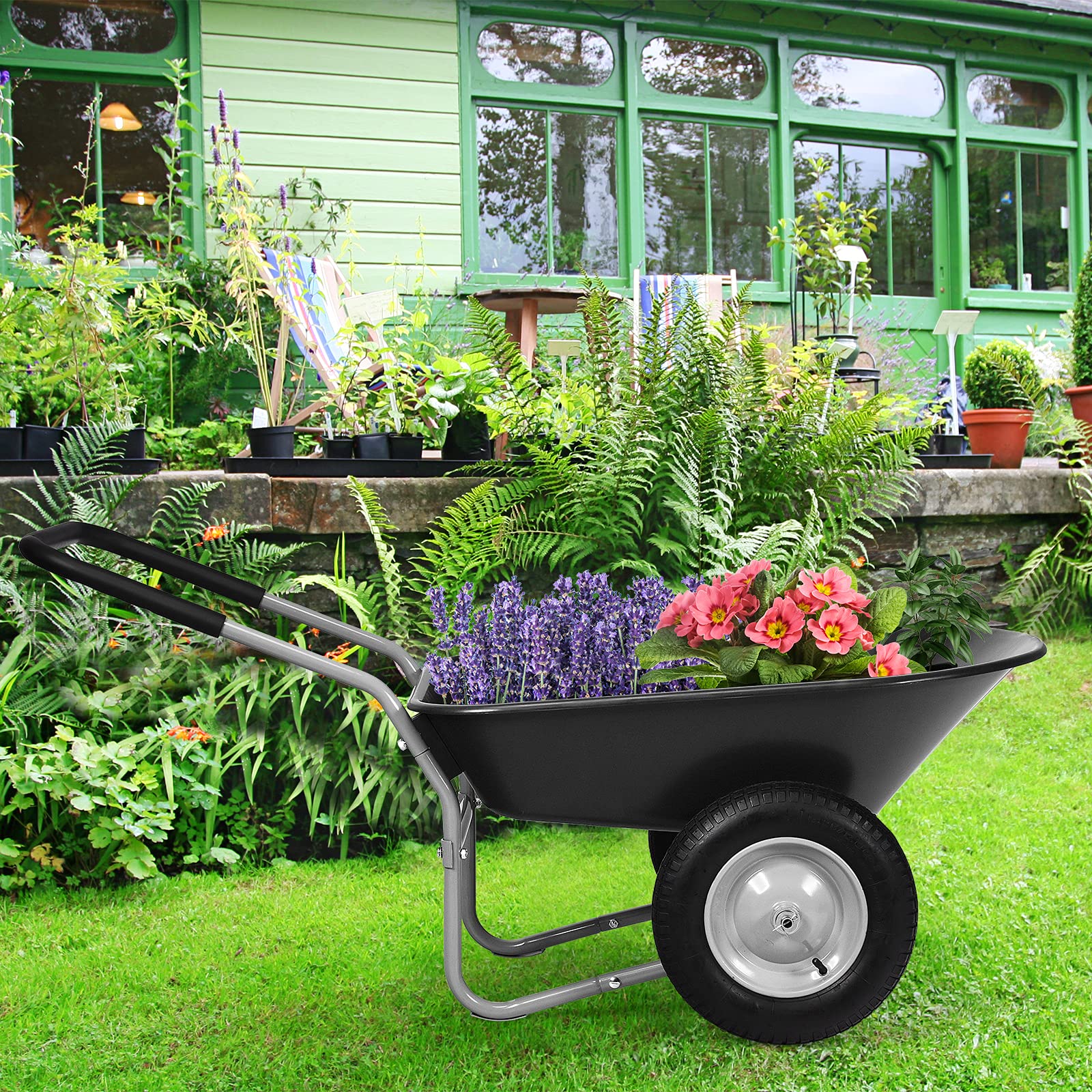 COSTWAY Brouette de Jardin 2 Roues, Brouette de Jardin Résistante en Fer avec Pneus Ø 35cm et Poignée, Charge Max 100 KG, pour Jardinage/Maçonnerie (Noir)