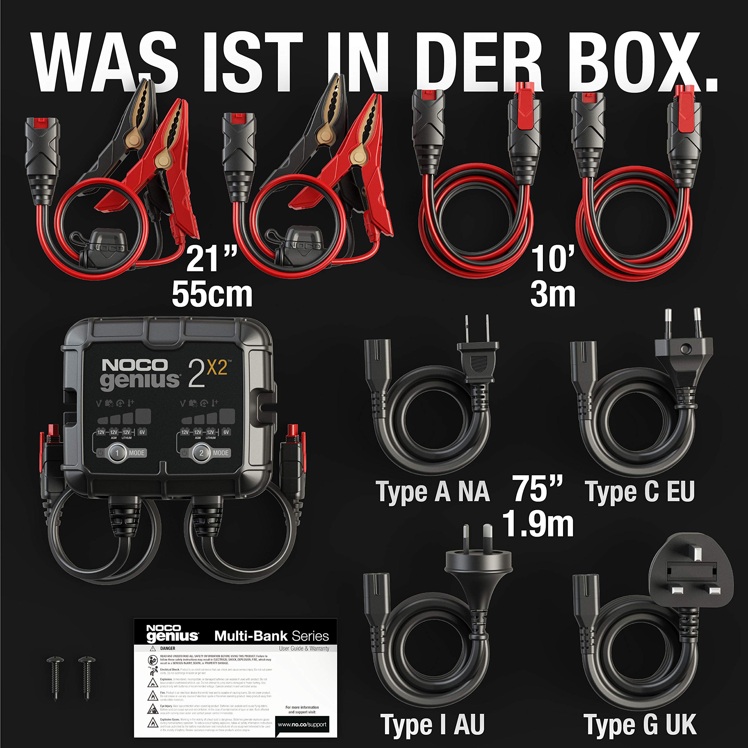 NOCO GENIUS2X2: 2-Bank 4A (2A pro Bank) Batterieladegerät für Auto & Motorrad — 6V/12V Erhaltungsladegerät & Entsulfator — Für AGM, Lithium (LiFePO4) & Start-Stopp-Batterien