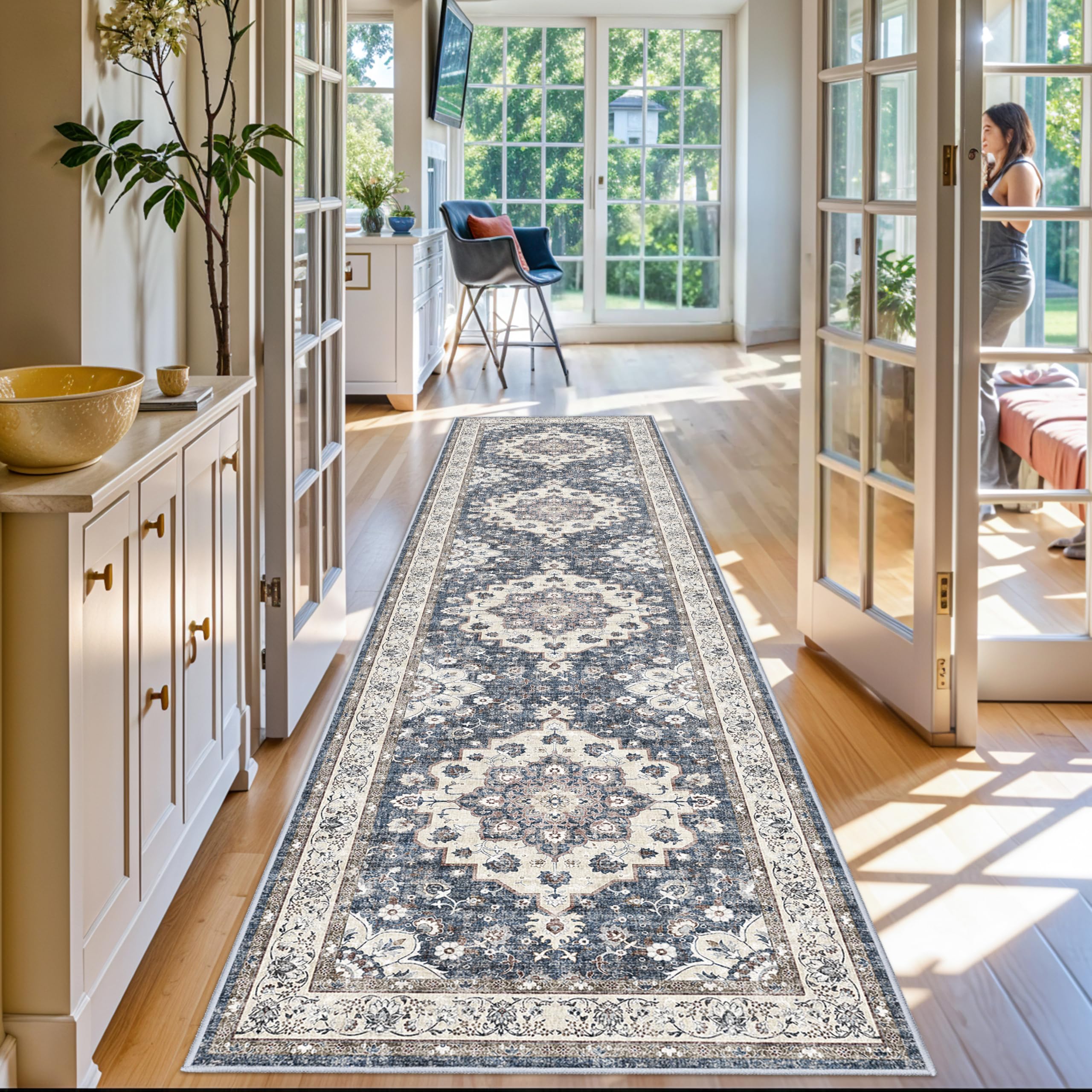 Washable 3x12 Hallway Runner Rug: Oriental Non-Slip Rugs for Entryway Living Room Floral Stain Resistant Long Kitchen Bathroom Carpets Accent Low Pile