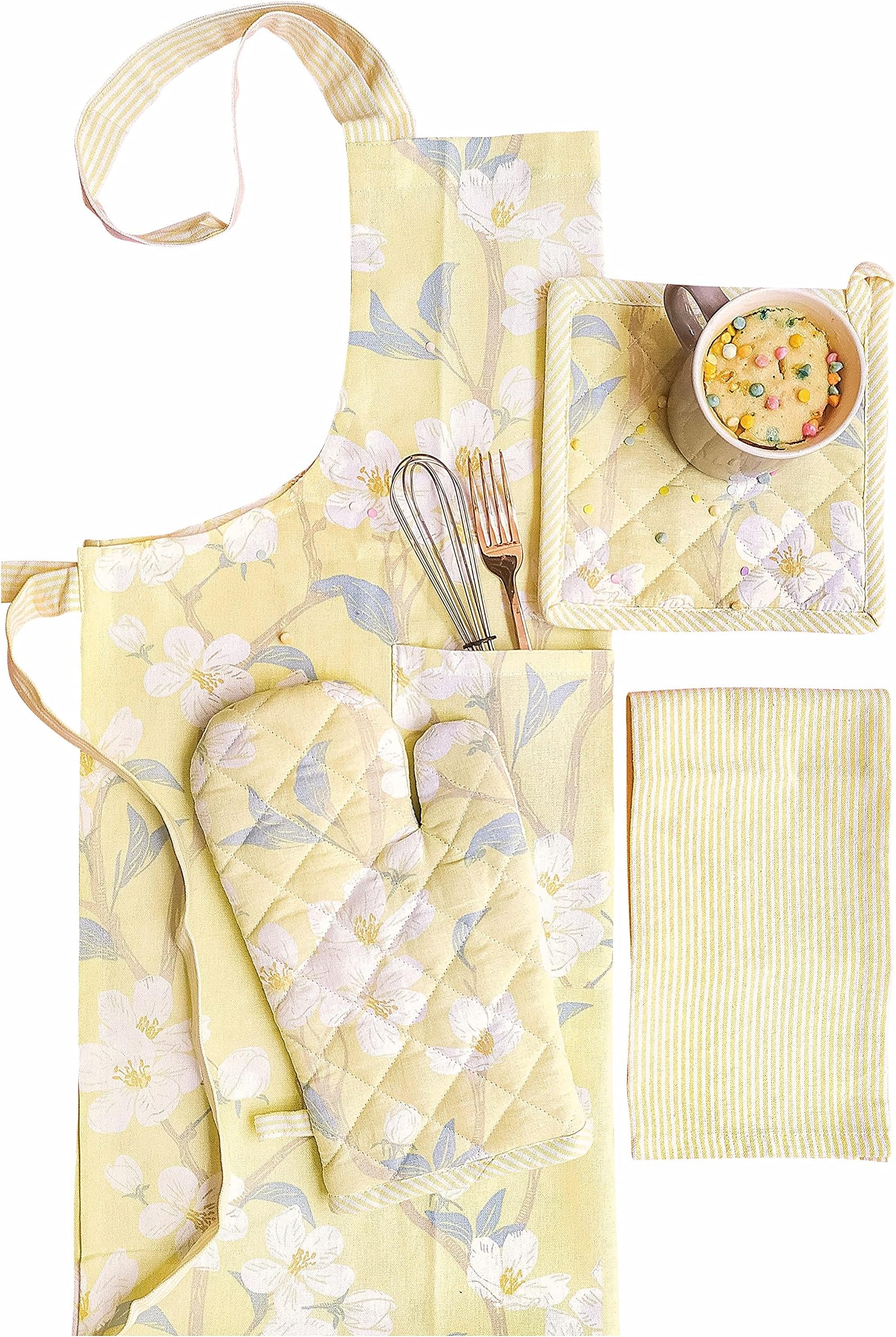 PIXEL HOME DECOR Printed Apron With Oven Mitt and Pot Holder with Kitchen Towel - Cherry Blossom Collection (Yellow Blossom)
