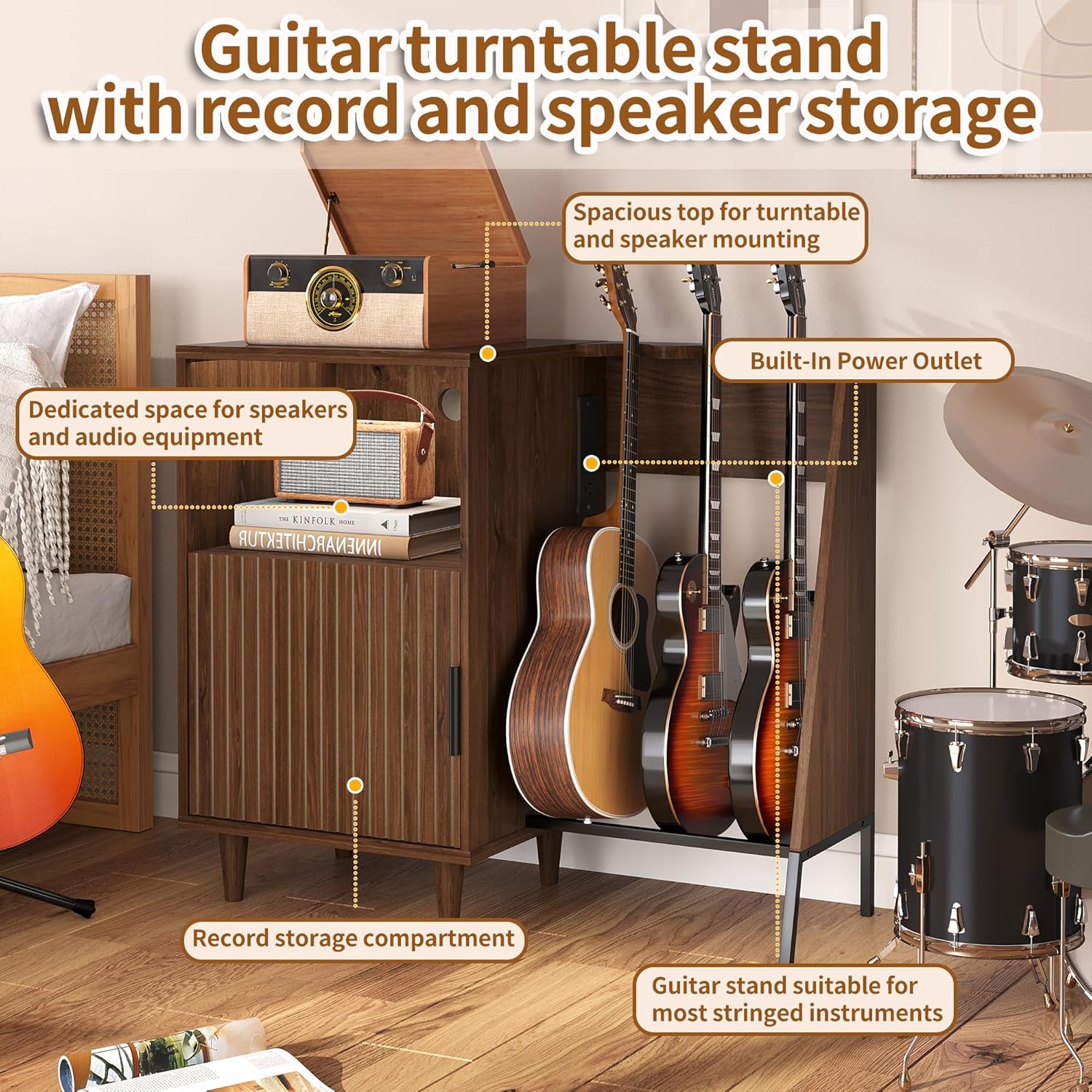 Record Player Stand with Power Outlets & Guitar Stand, Mid Century Modern Record Player Cabinet, Turntable Shelf Vinyl Record Storage for Living Room, Walnut
