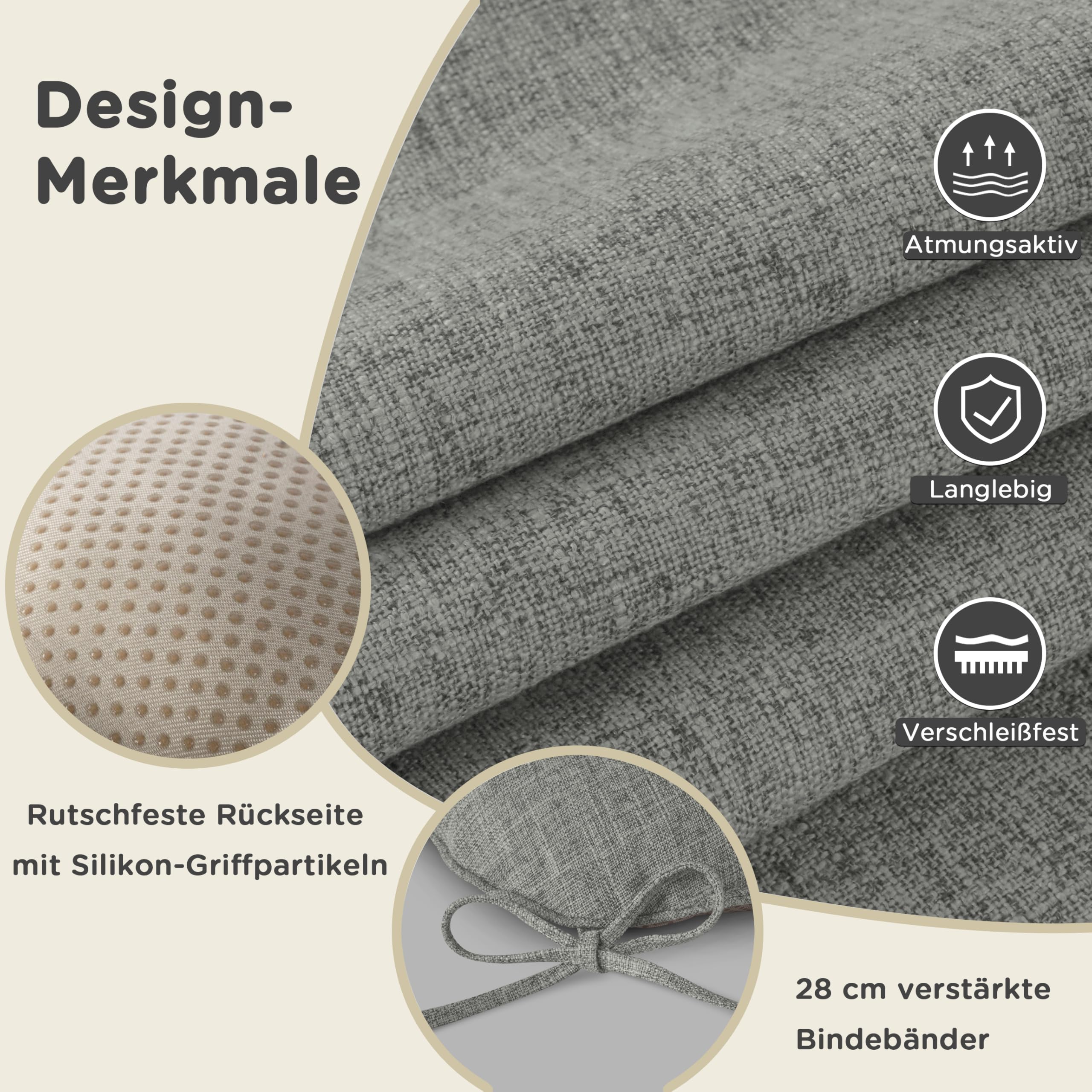 AddGrace Sitzkissen für Esszimmerstühle 4er-Pack 46x44x8cm Hellgrau | mit rutschfester Unterseite und Bändern, geeignet für die meisten Esszimmer- und Küchenstühle, strukturierter Stoff, bequem