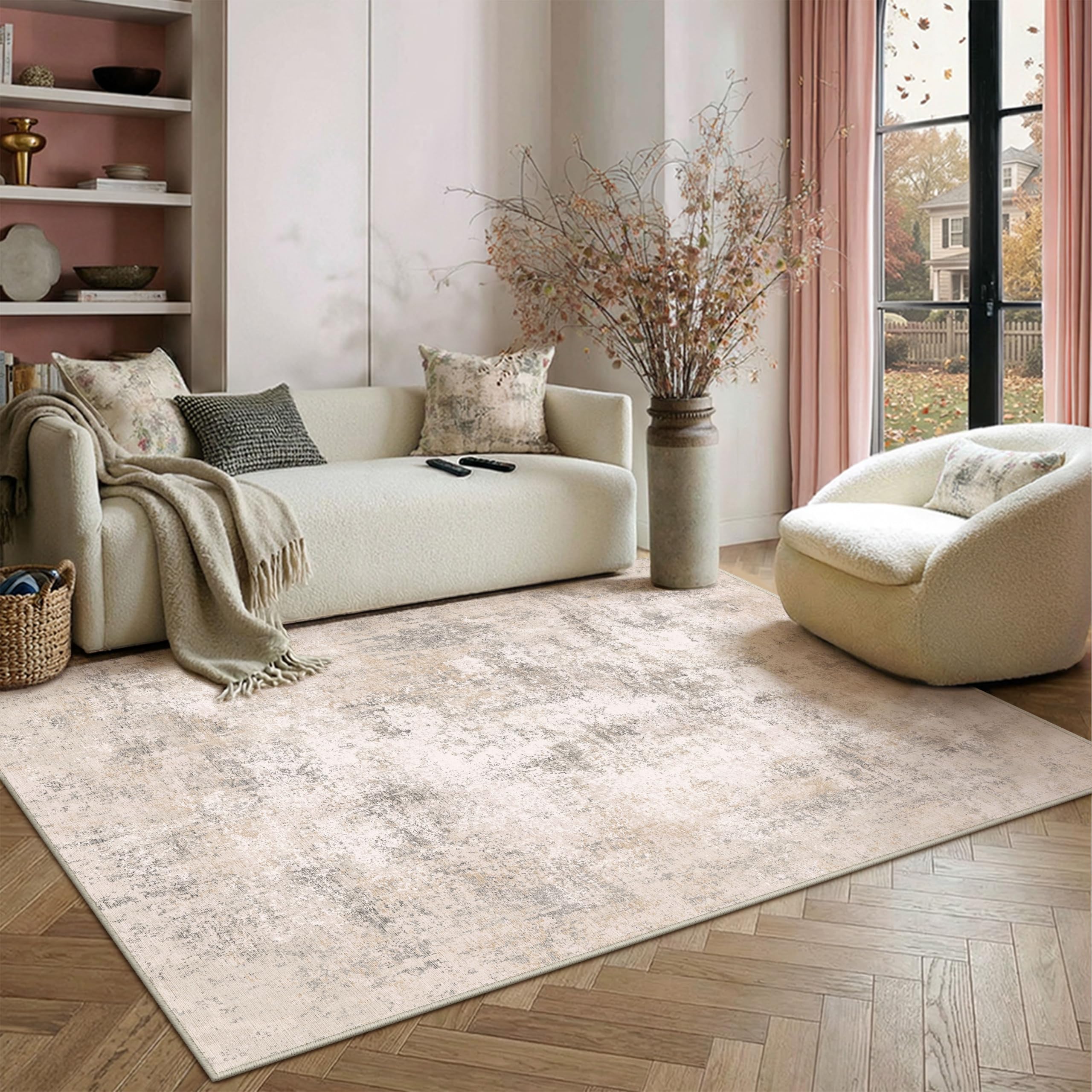 PureCozy Beige Short Pile Abstract Rug 120 x 180 cm Modern Living Room Rug Washable Non-Slip Minimalist Floor Mat Rugs for Living Room Bedroom Office Area Indoor Decor — image 1