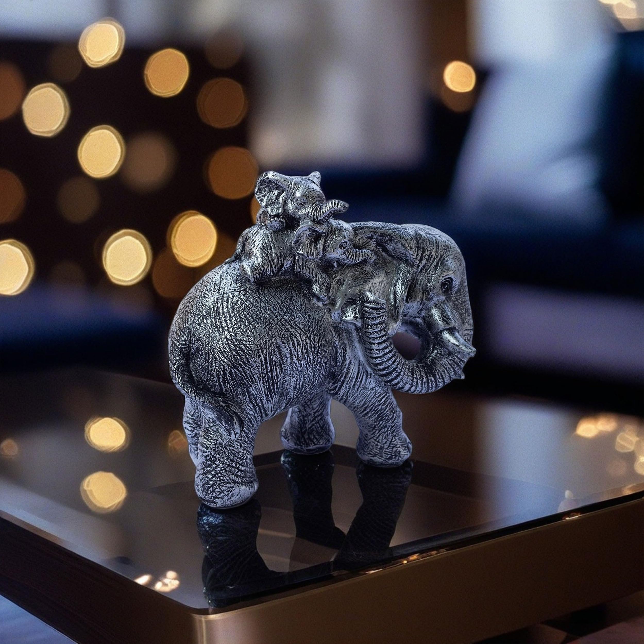 Polyresin 6" Elephant with Baby Statue for Home Decor – Vastu & Feng Shui Good Luck Symbol – Decorative Showpiece for Entryway, Living Room, Office, Gift (Silver) — photo — 9 of 9
