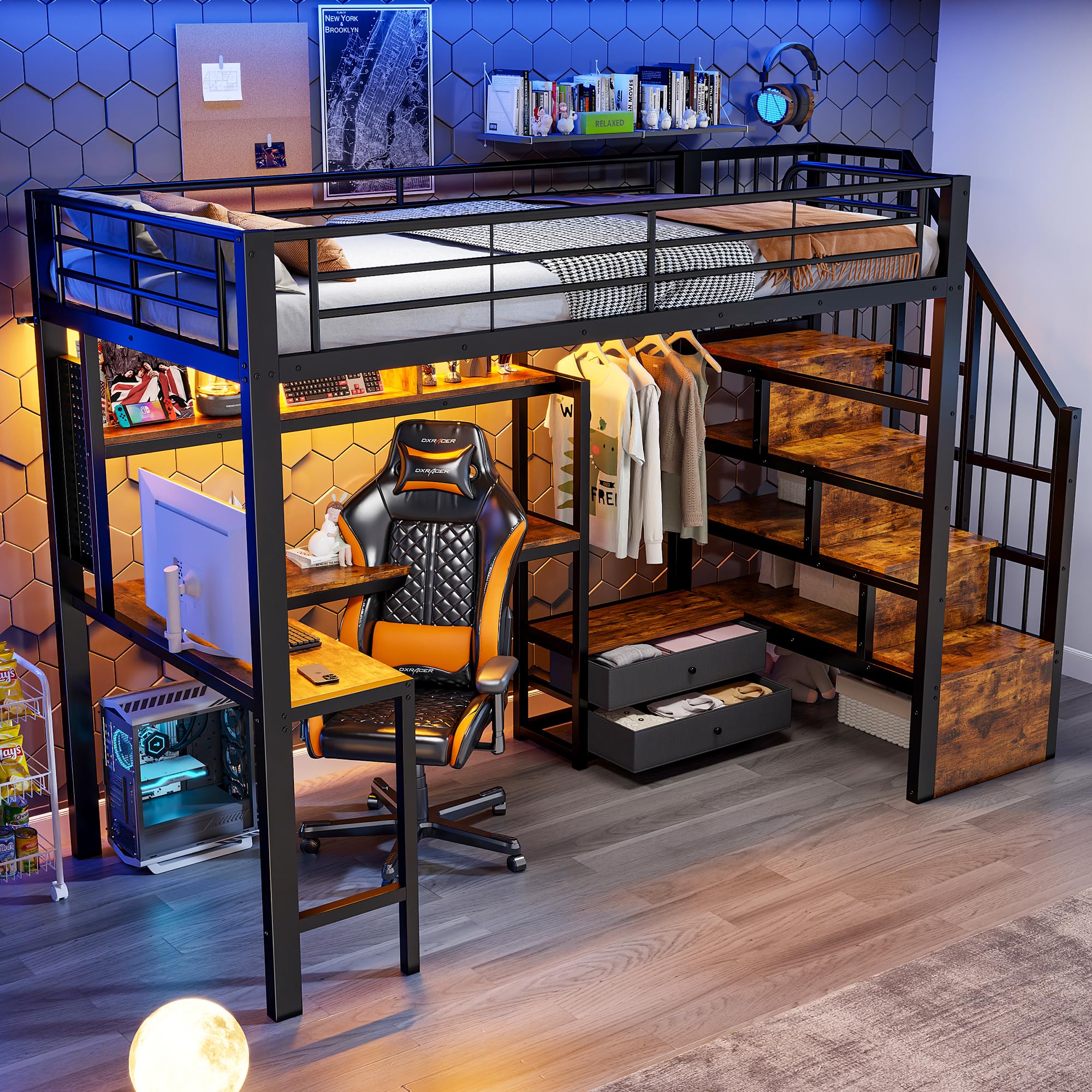 Merax Hochbett 90x200 cm mit Schreibtisch, Treppe mit Regal und Rausfallschutz, Funktionsbett Kinderhochbett mit LED, 2 Schubladen, integrierter Kleiderstange, Metallbett (ohne Matratze), Schwarz