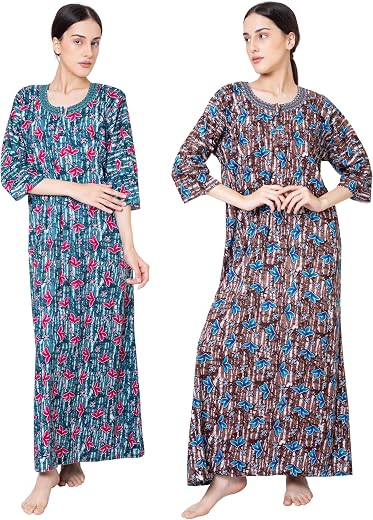 Zenith Textile Impex Women 100% Cotton Nighty | Full Sleeve | Soft Breathable Maxi Night Dress | Loose Fit Long Gown | Emb...