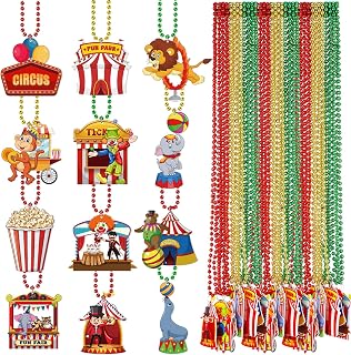 SmoothNovelty 36 Pcs Carnival Circus Theme Beaded Necklaces for Valentine Game Party Favors Supplies, Felt Animal Clown Tent Bold Red Green Gold Photo Prop for Birthday Baby Shower Celebration Prizes