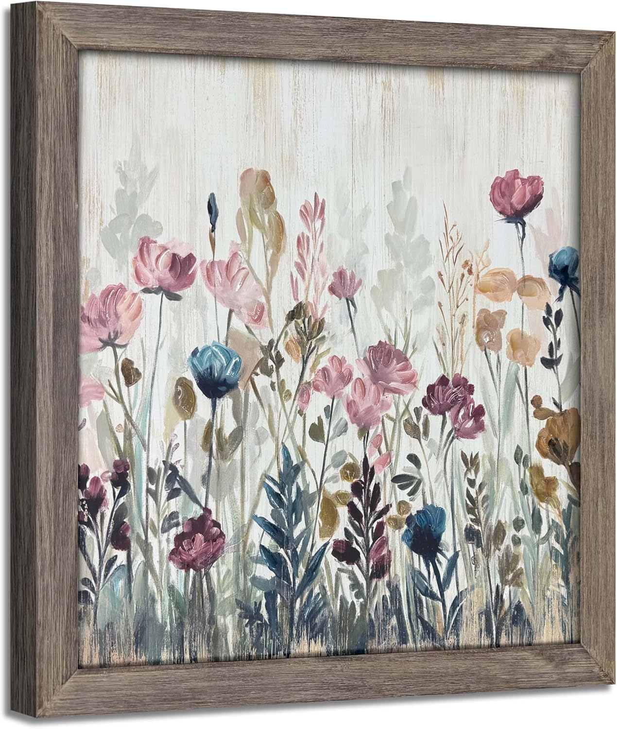 Vintage Blossom Flower Wall Art: Abstract Framed Floral Painting Rustic Colorful Botanical Picture Artwork Farmhouse Wood Home Decor for Living Room