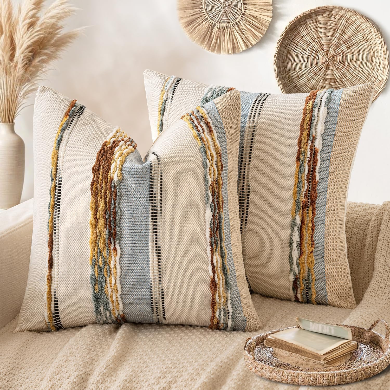 ANRODUO Pack of 2 Boho Decorative Throw Pillow Covers 20x20 Farmhouse Cushion Case Striped Chenille Pillow Cases Square Pillow Covers Accent Neutral Pillowcase for Sofa Couch Bed, Blue-Earth Tones