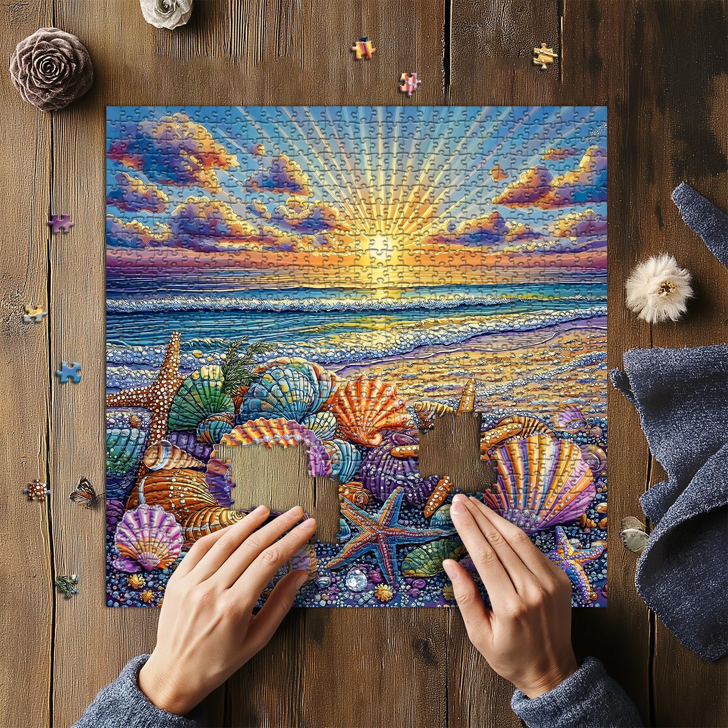 PICKFORU Beach Puzzles for Adults 1000 Piece, Ocean Seashells Puzzle Starfish, Seaside Sunset Scenery Jigsaw Puzzles Beach - Image 7