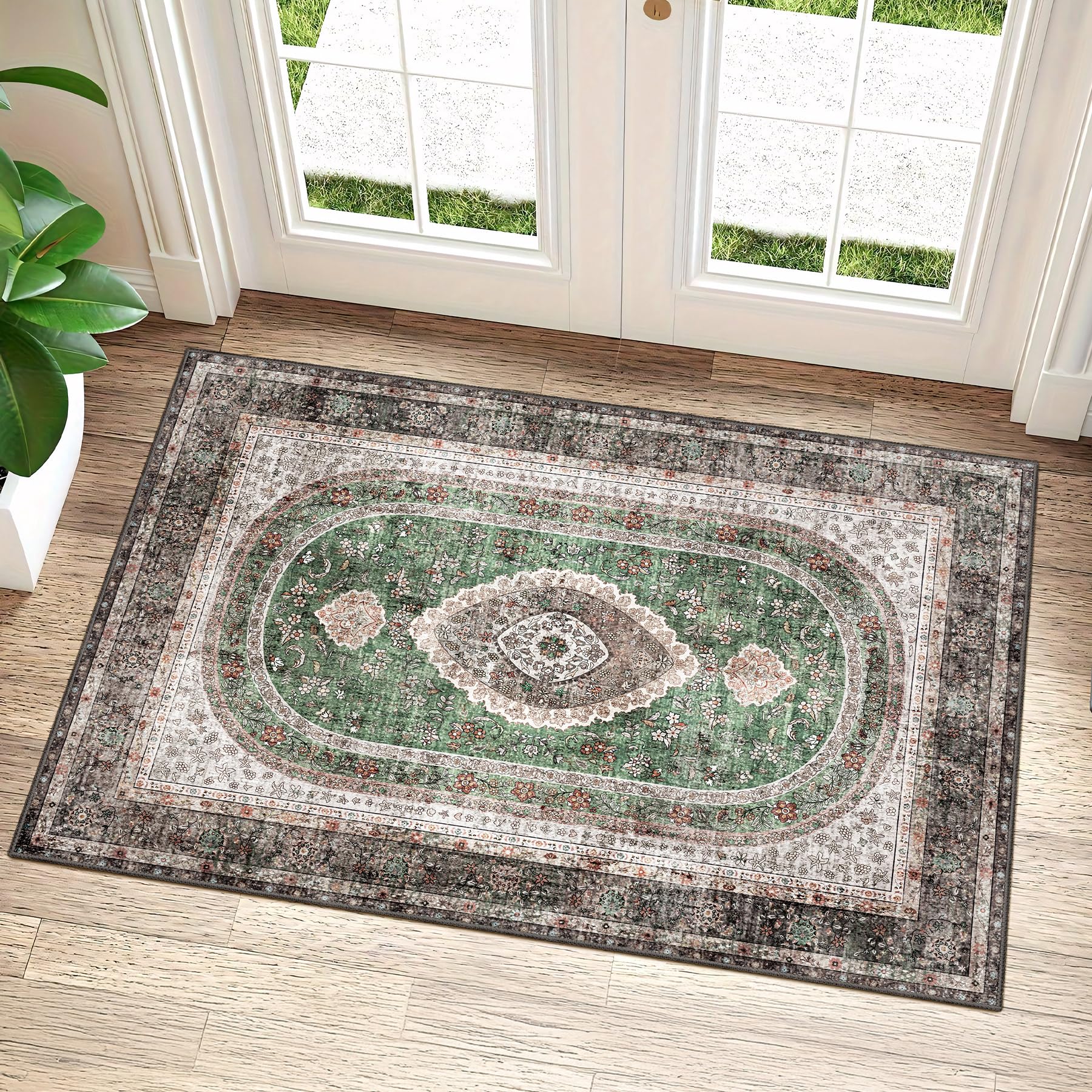 Castage Small Rugs 2x3,Green Rug for Entryway Bathroom Bedroom Kitchen Entrance Doormat,Boho Vintage Bohemian Distressed Washable Oriental Accent