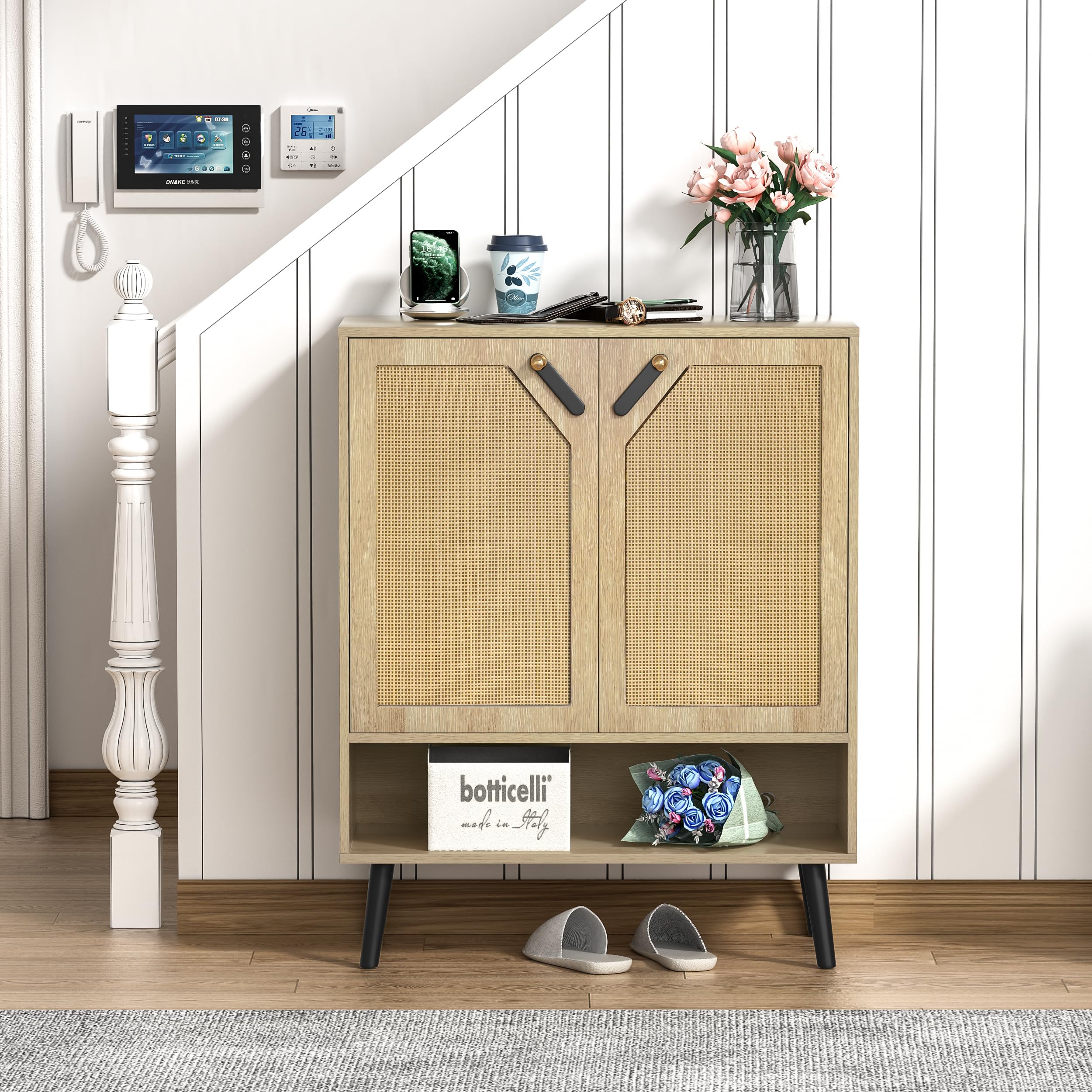 Rattan Schuhschrank mit 2 Türen, Schuhkommode für 15-20 Paar Schuhe, Schuhkipper mit Verstellbaren Regalen, Kippschutz, für Eingang, Flur, Wohnzimmer, Holz 80 x 38 x 100 cm