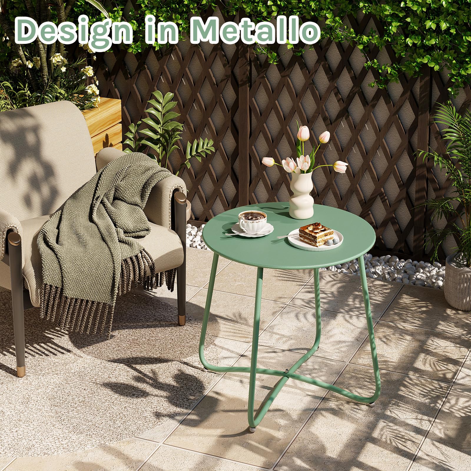 eSituro Tavolo da Giardino, Tavolino da Divano, Tavolino Salotto Rotondo, Tavolino da Balcone, per Interni ed Esterni, Terrazzo, Soggiorno, in Metallo,Verde, Ø48xH45 cm