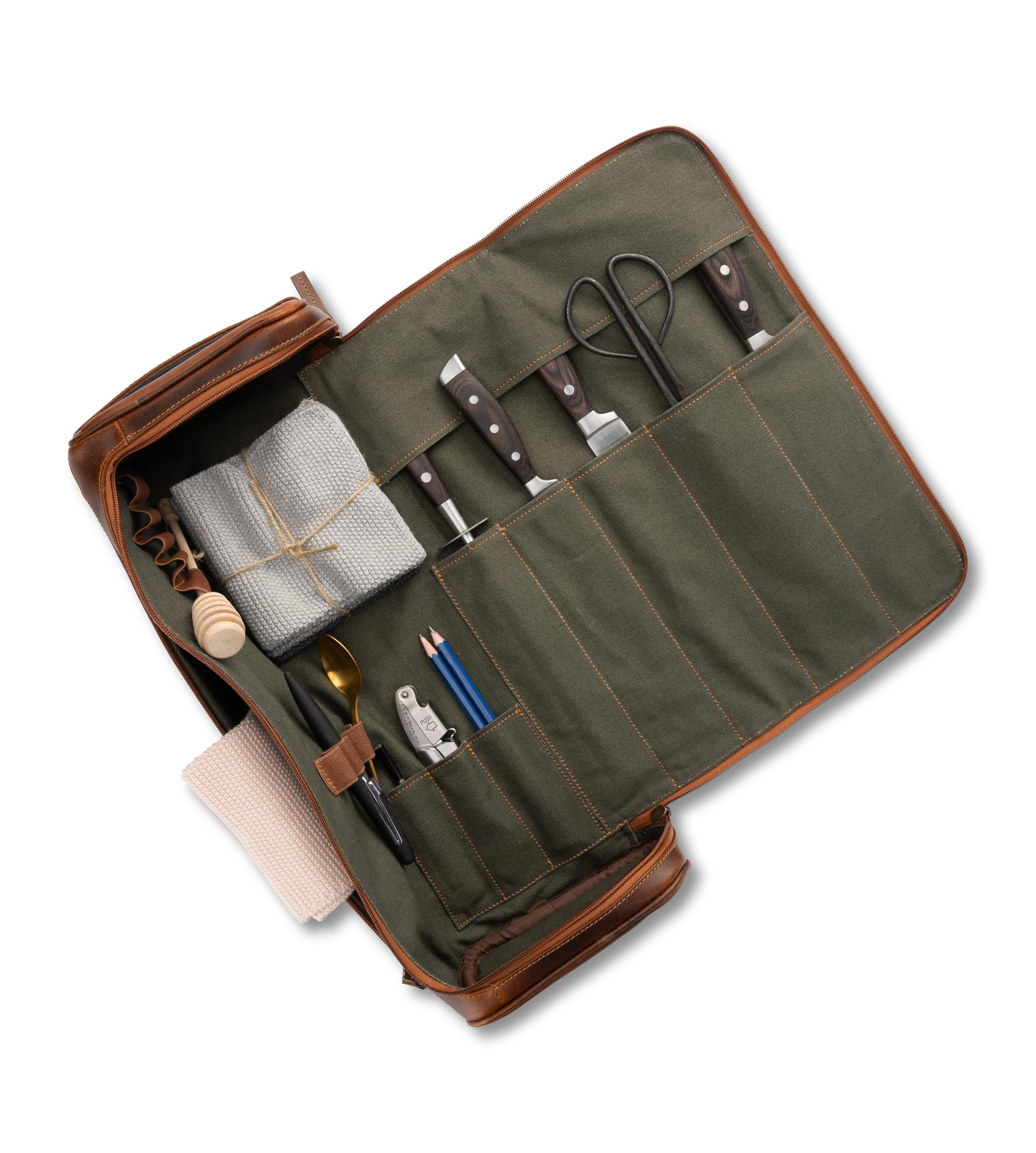 Angus Stoke Arvid Sac à couteaux/valise en cuir de buffle de qualité supérieure - Extra large avec de nombreux accessoires et espace de rangement - Sac de cuisine à roulettes en cuir de buffle vintage