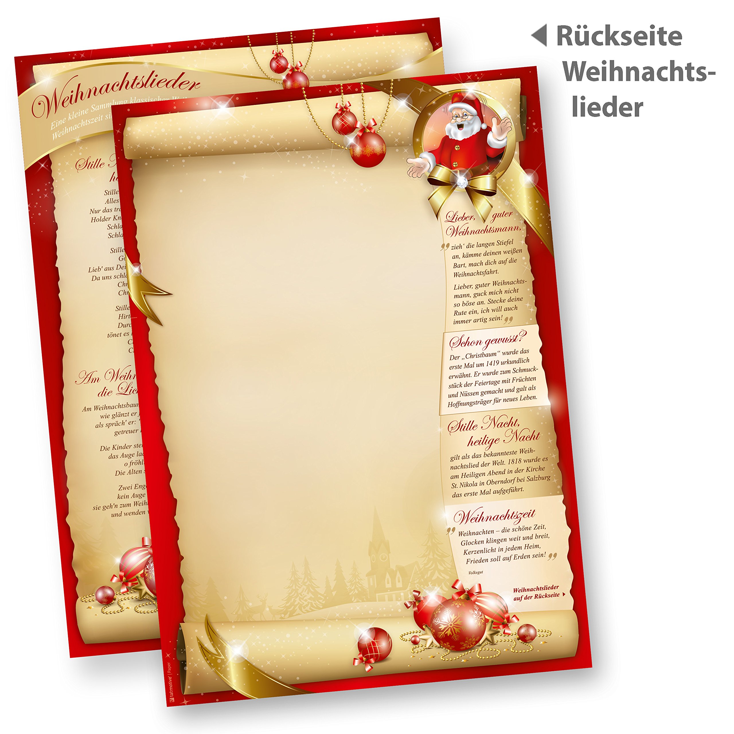 Weihnachtsbriefpapier SANTA CLAUS beidseitig (500 Blatt) Briefpapier mit Weihnachtsliedern auf der Rückseite für Weihnachten