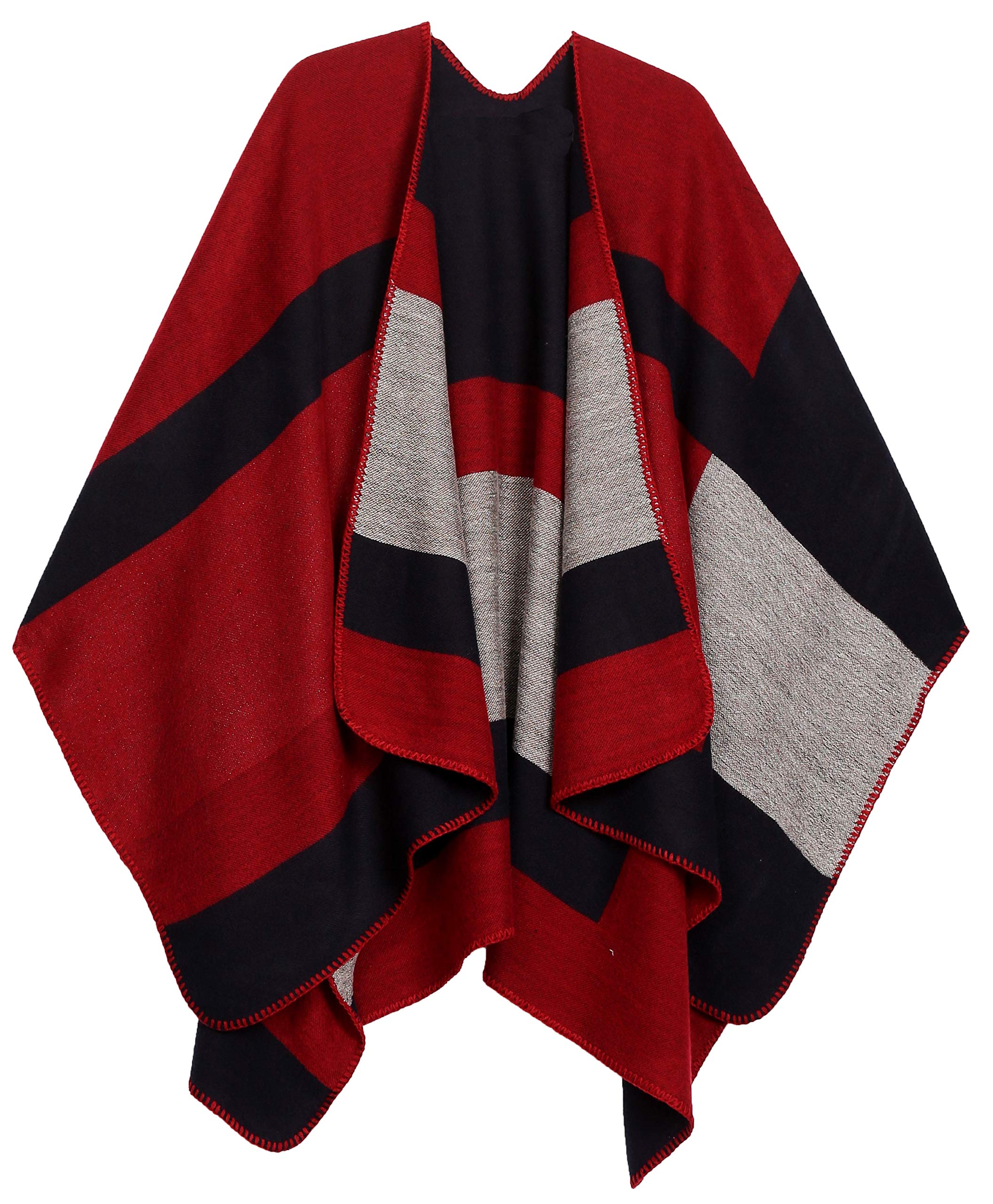 Sakkas Women's Striperednavy 1930 - Mari Reversible Large Poncho Shawl Wrap Scarf Cape Ruana Blanket - Os