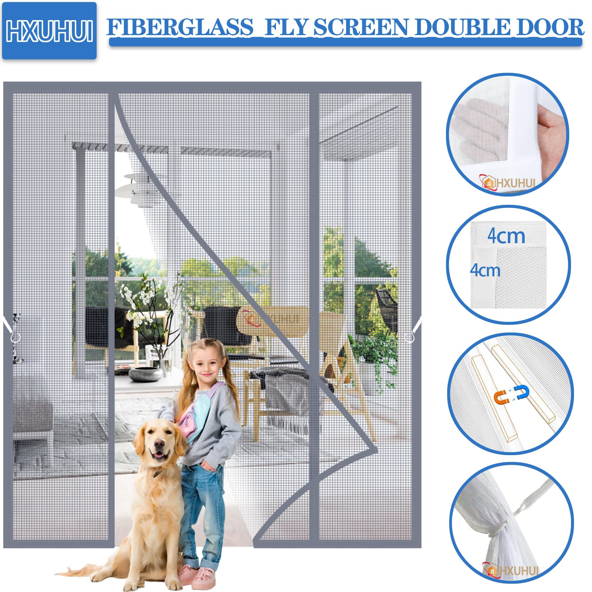 Mosquitera Puertas Abatibles Dobles 350x250cm Cinta adhesiva de full frame que asegura un sellado completo sin huecos para Diseñado para cerramientos de cristal y balcones gran formato Gris
